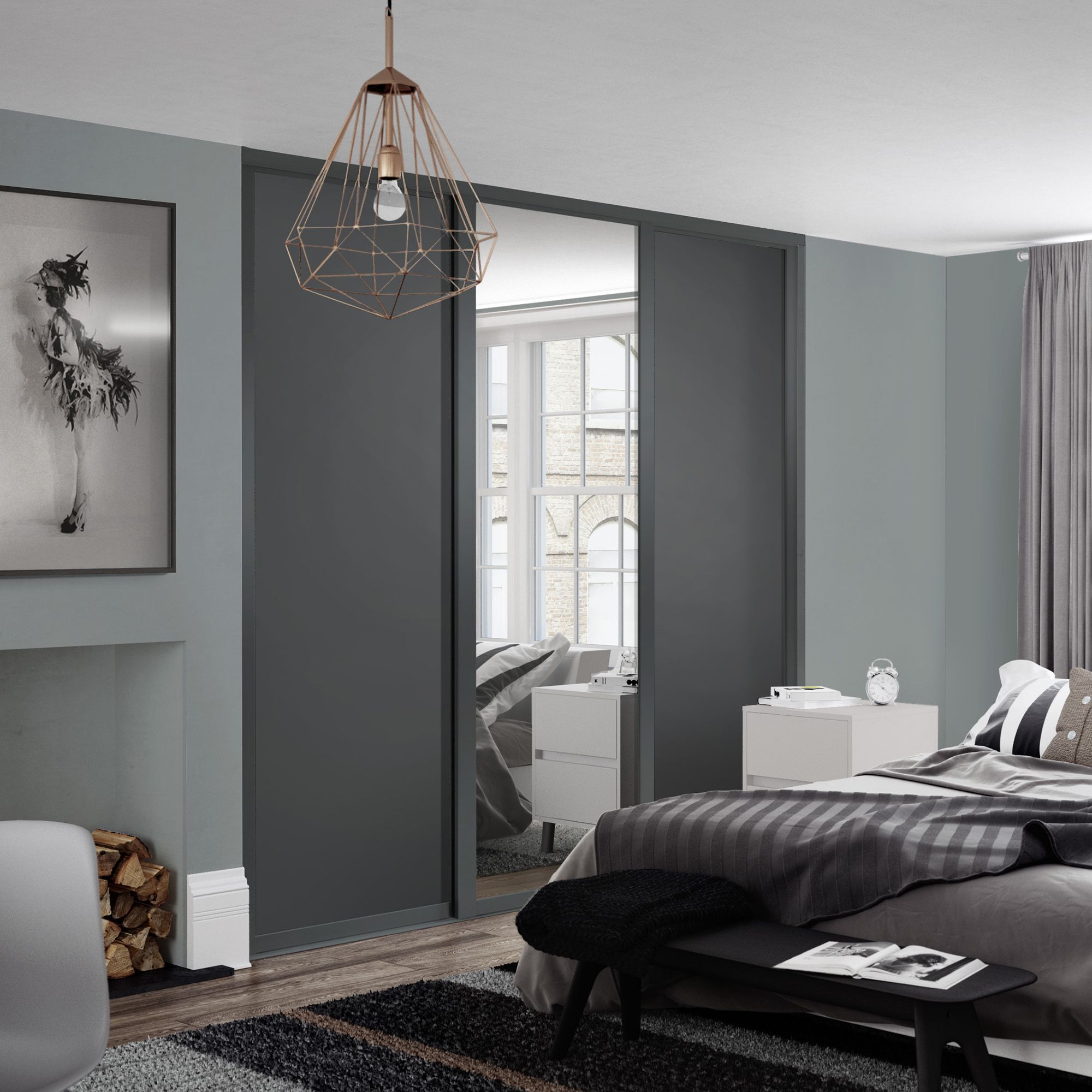 Spacepro Shaker Mirrored Graphite frame Single panel Sliding wardrobe door, (H)2220mm (W) 610mm Set of 3