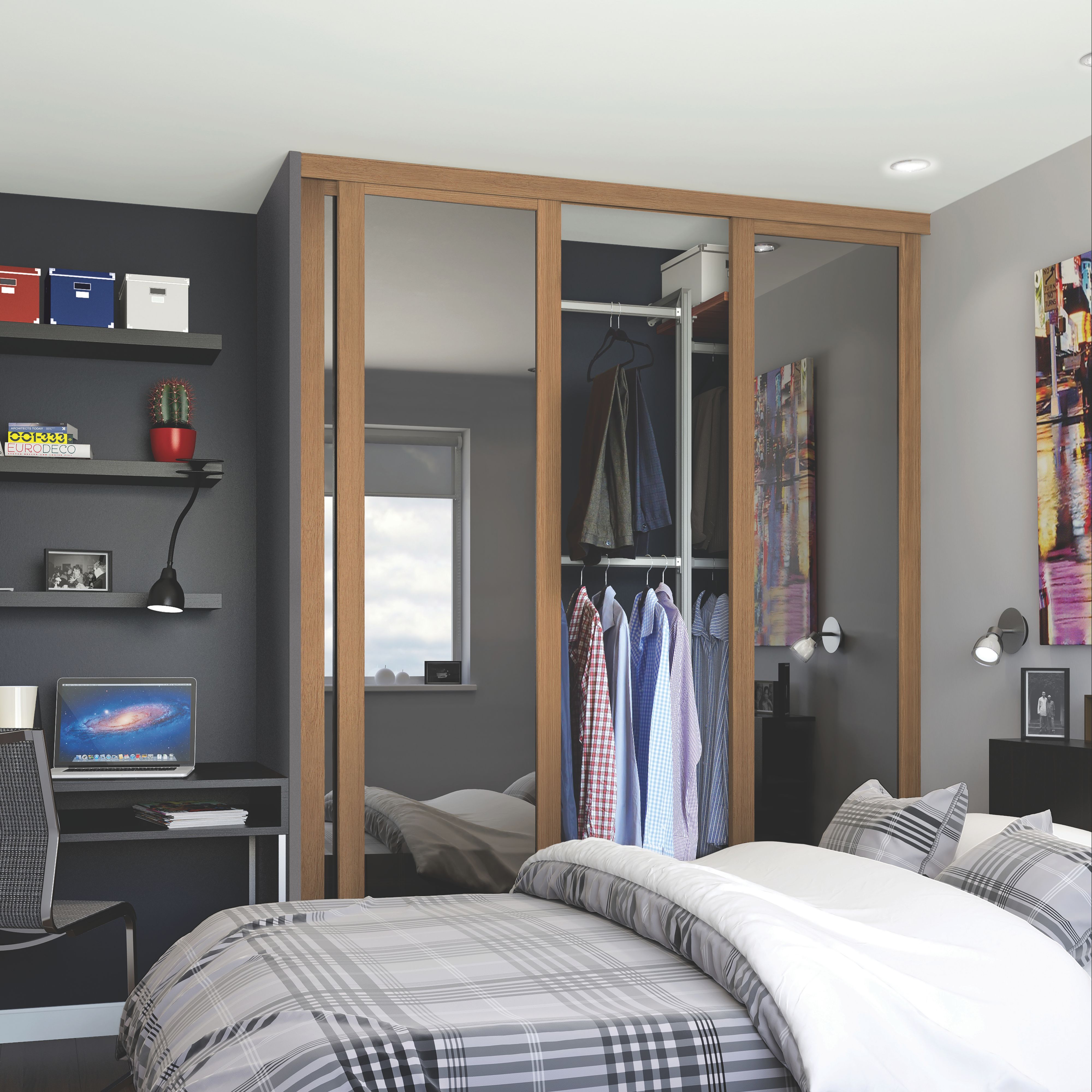 Spacepro Shaker Mirrored Oak effect 3 door Sliding Wardrobe Door kit (H)2260mm (W)1680mm