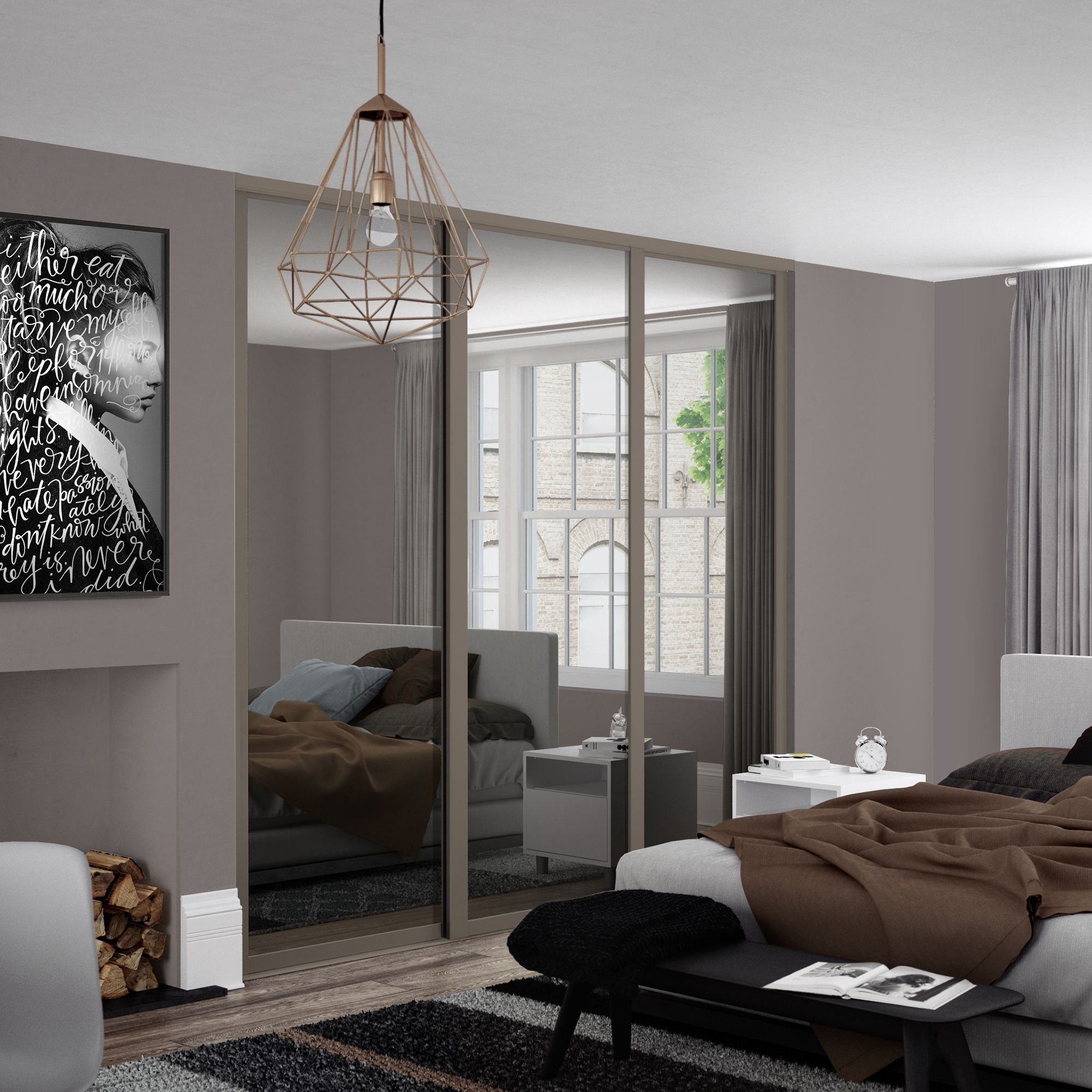 Spacepro Shaker Mirrored Stone grey frame Single panel Sliding wardrobe door, (H)226mm (W) 762mm