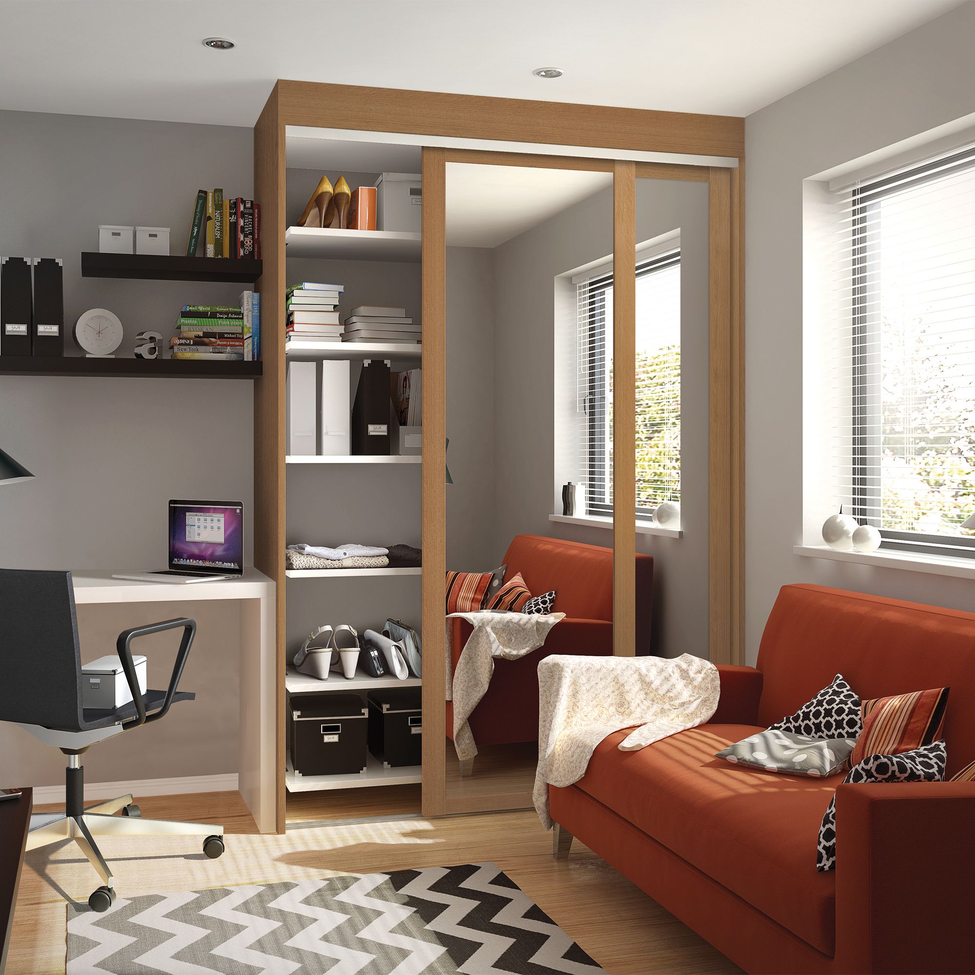 Spacepro Shaker Oak effect Mirrored Oak effect frame Sliding wardrobe door, (H)2220mm (W) 610mm