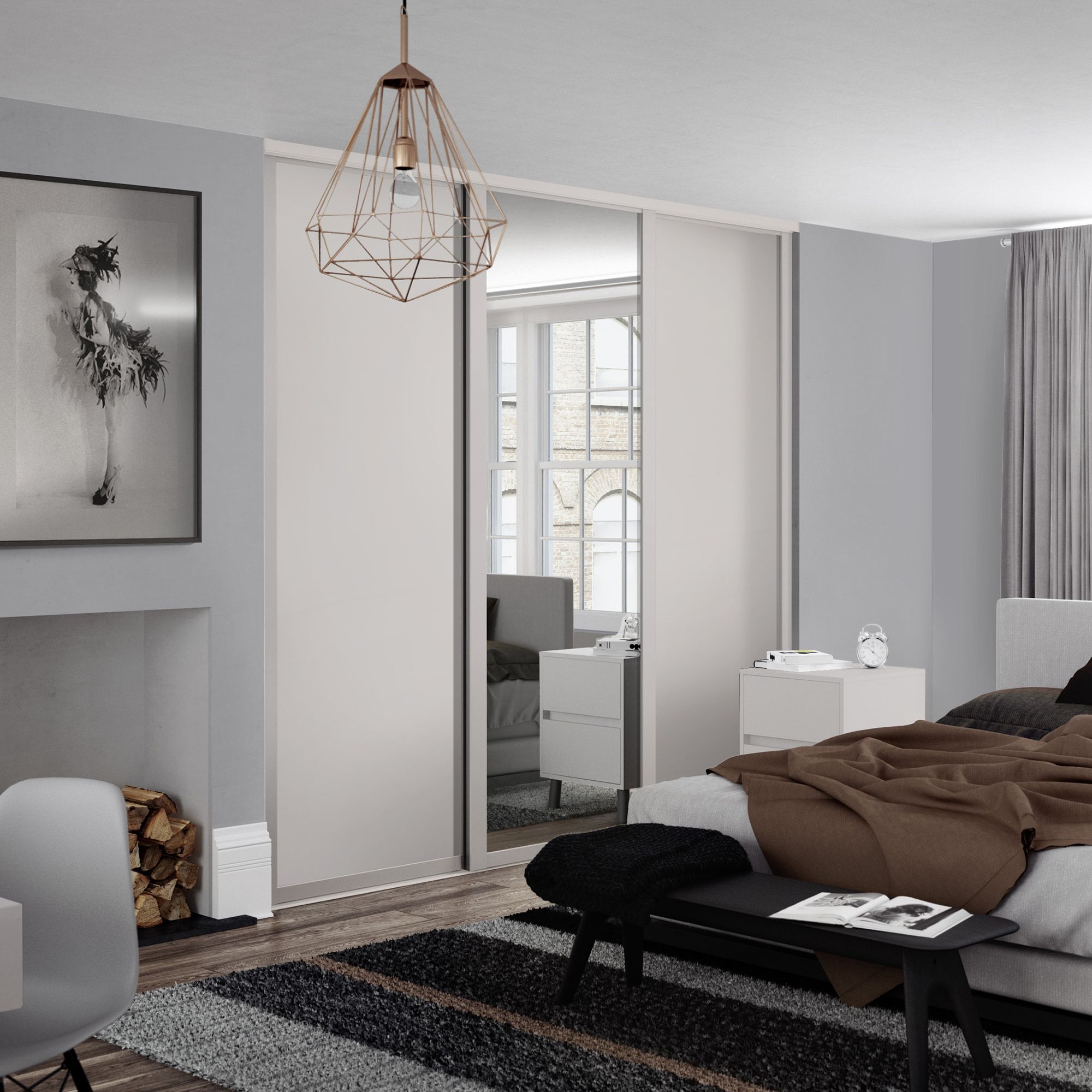 Spacepro Shaker Panel Shaker Mirrored Cashmere 3 door Sliding Wardrobe Door kit (H)2220mm (W)2592mm