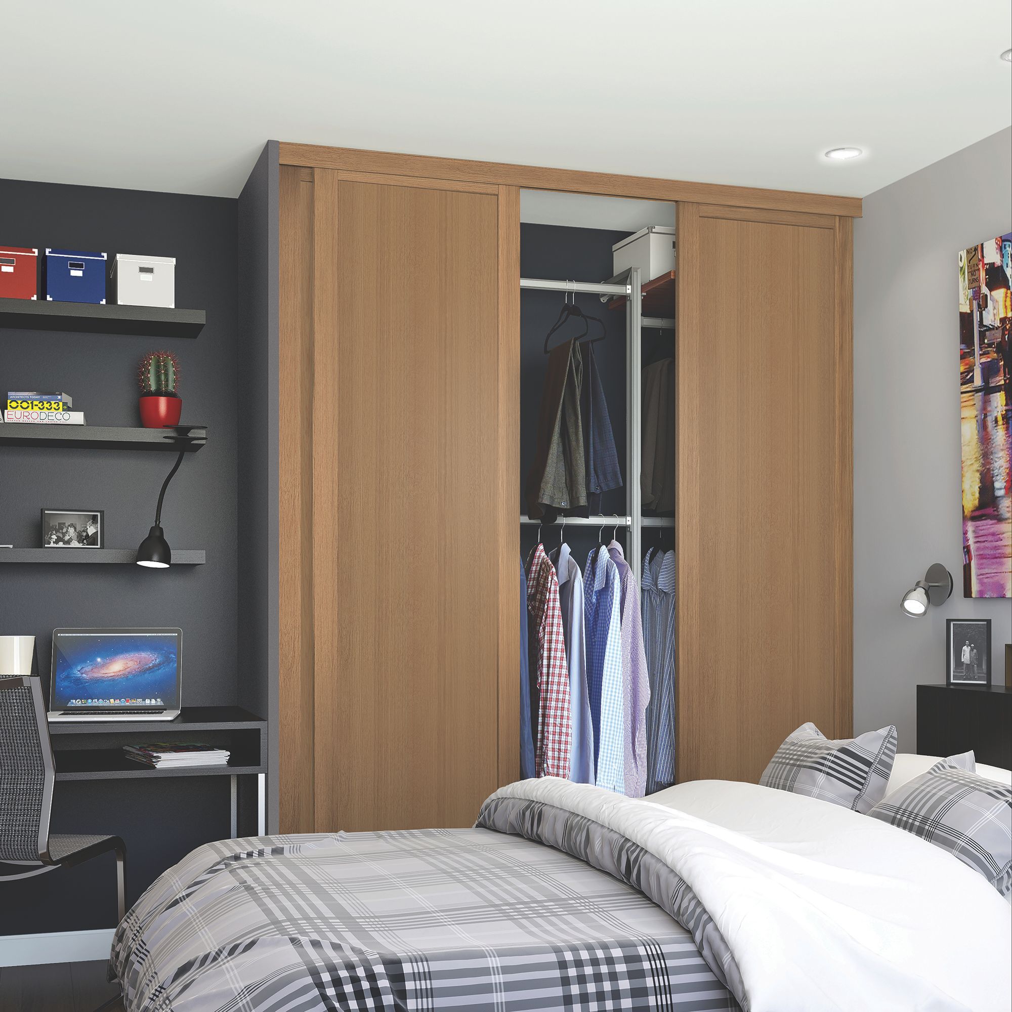 Spacepro Shaker Panel Shaker Non-mirrored Matt oak effect 3 Sliding Wardrobe Door kit (H)2220mm (W)914mm