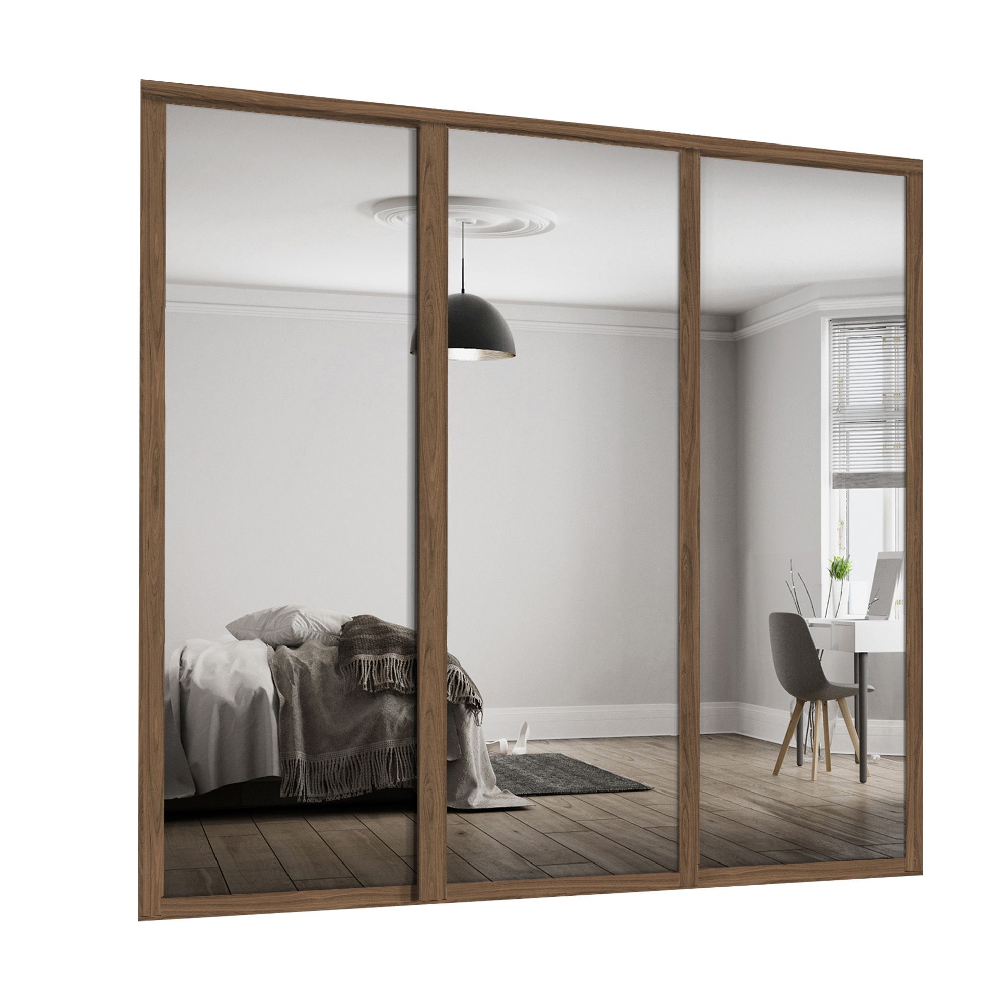 Spacepro Shaker Walnut effect Single panel 3 mirror Sliding wardrobe door (H) 2220mm x (W) 610mm, Set of 3