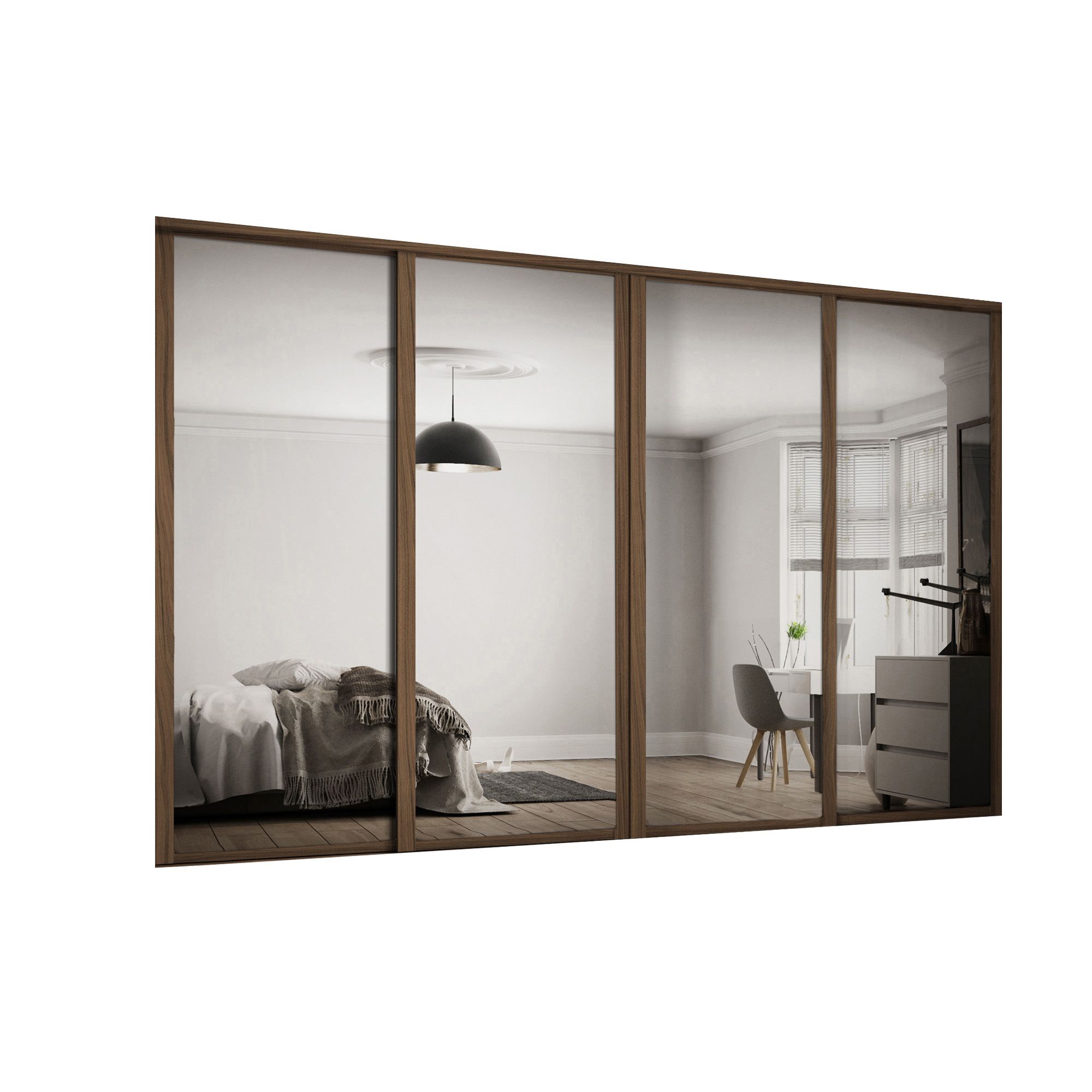 Spacepro Shaker Walnut effect Single panel 4 mirror Sliding wardrobe door (H) 2220mm x (W) 610mm, Set of 4