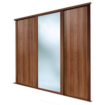 Spacepro Shaker Walnut effect Single panel Mirrored Sliding wardrobe door, (H)2223mm (W) 610mm Pack of 3