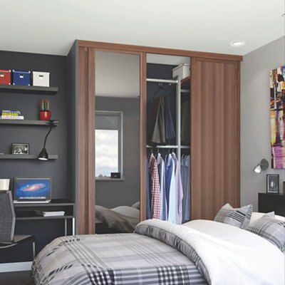 Spacepro Shaker Walnut effect Single panel Mirrored Sliding wardrobe door, (H)2223mm (W) 610mm Pack of 3