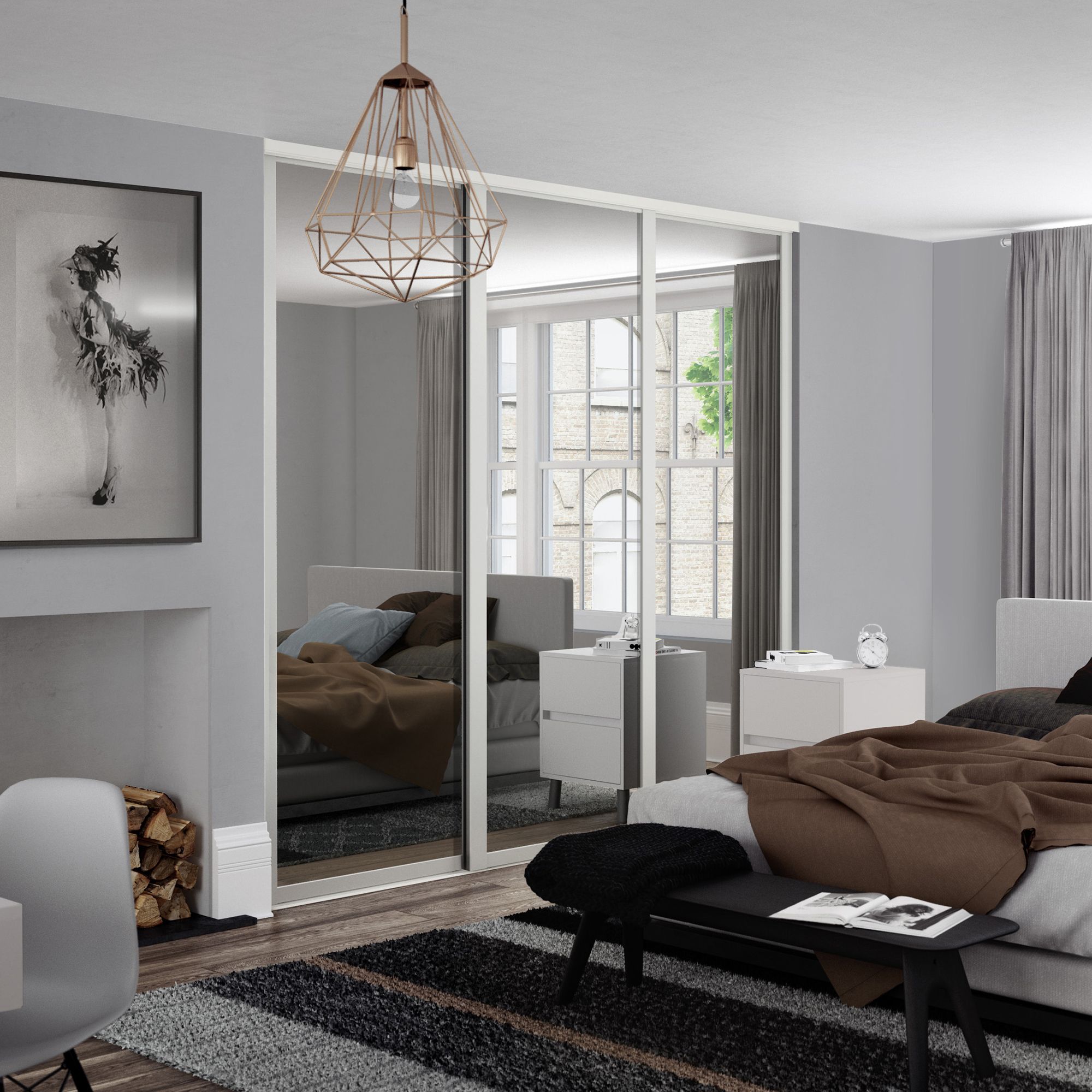 Spacepro Shaker With 3 mirror doors White 3 door Sliding Wardrobe Door kit (H)2260mm (W)2592mm