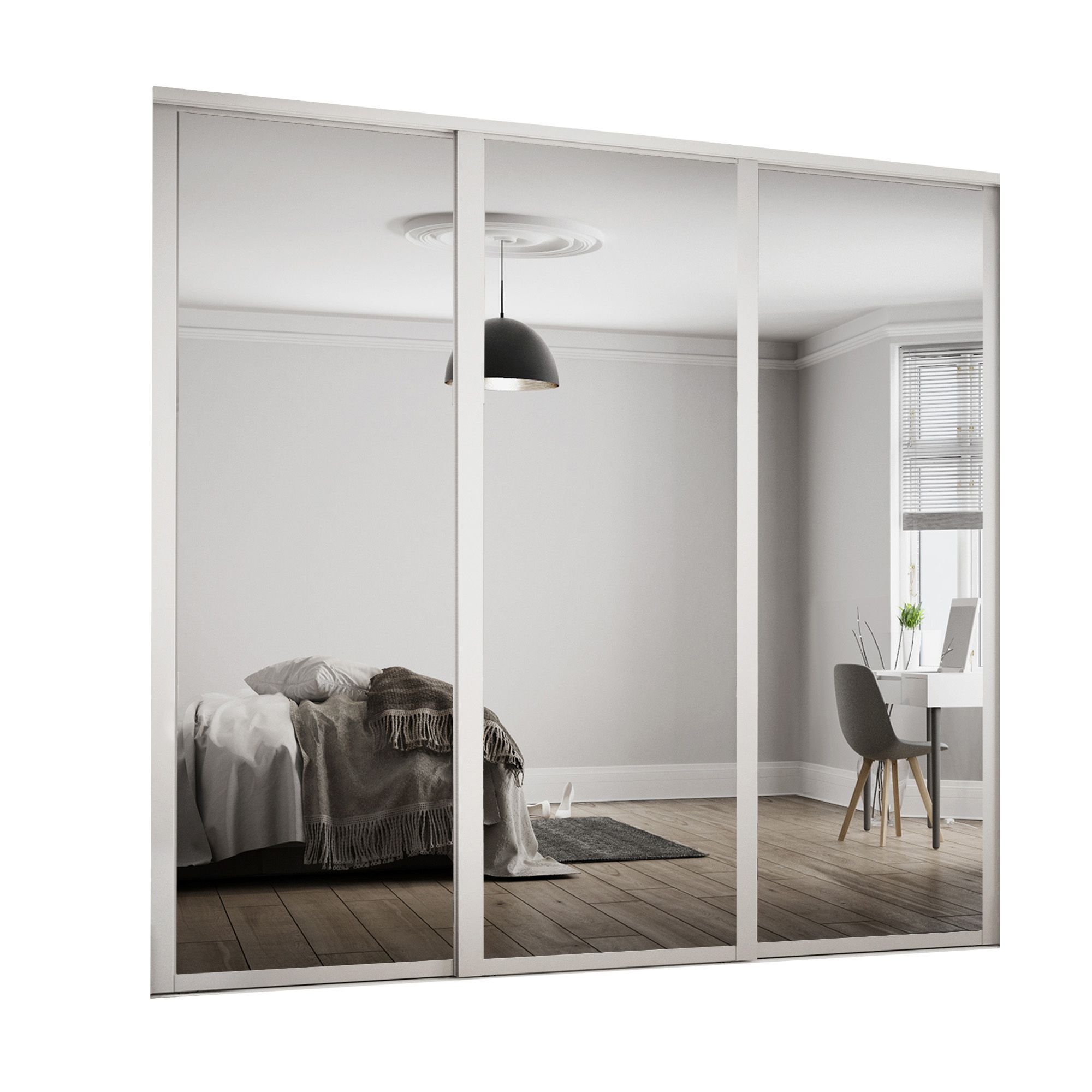 Spacepro Shaker With 3 mirror doors White 3 door Sliding Wardrobe Door kit (H)2260mm (W)2592mm
