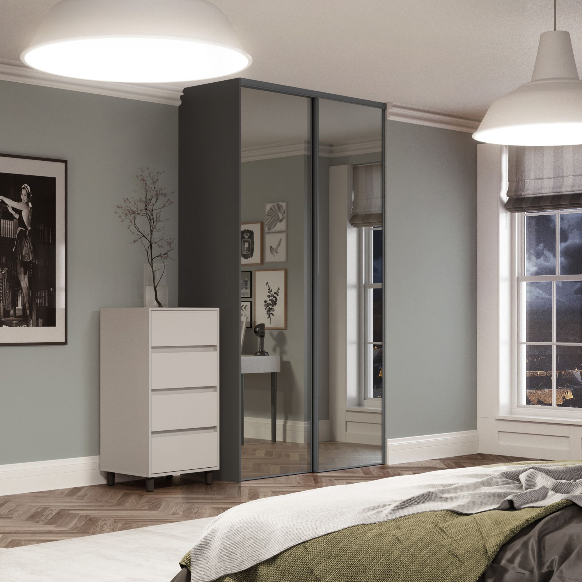 SpaceproClassic Classic Mirrored Graphite 2 door Sliding Wardrobe Door kit (H)2260mm (W)1185mm