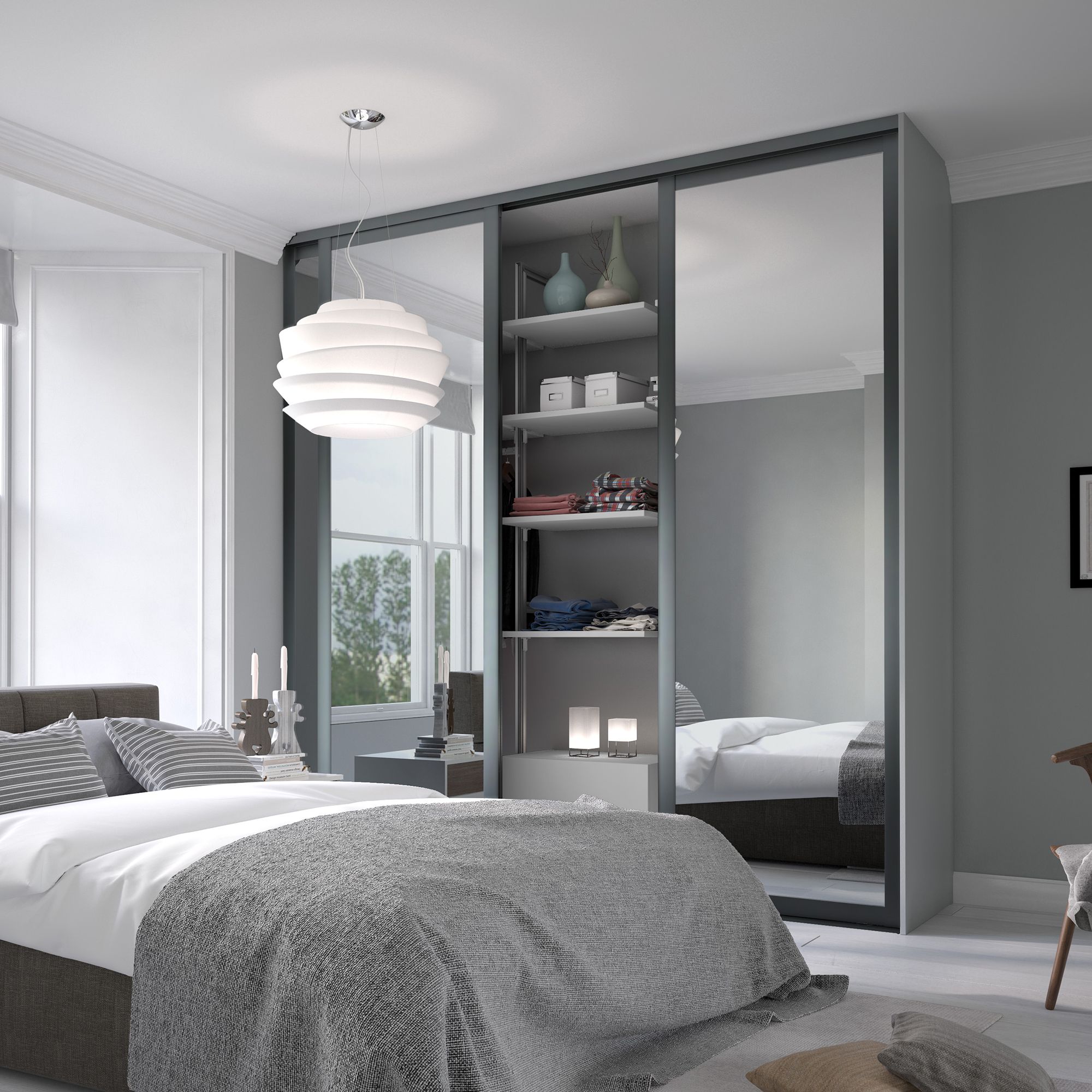 SpaceproShaker Shaker Mirrored Graphite 3 door Sliding Wardrobe Door kit (H)2260mm (W)2592mm