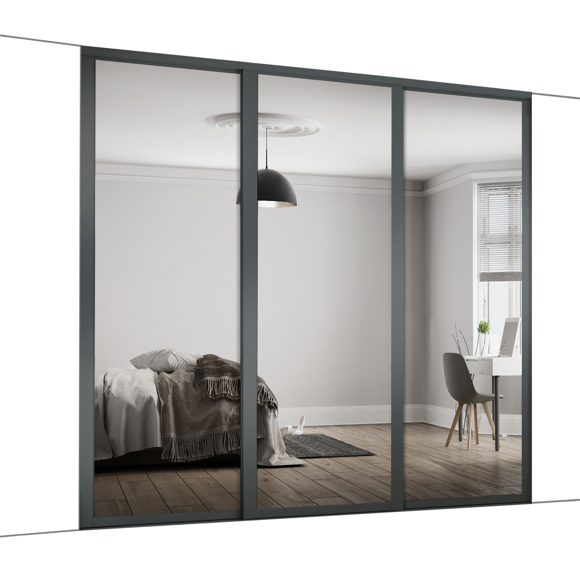 SpaceproShaker Shaker Mirrored Graphite 3 door Sliding Wardrobe Door kit (H)2260mm (W)2592mm