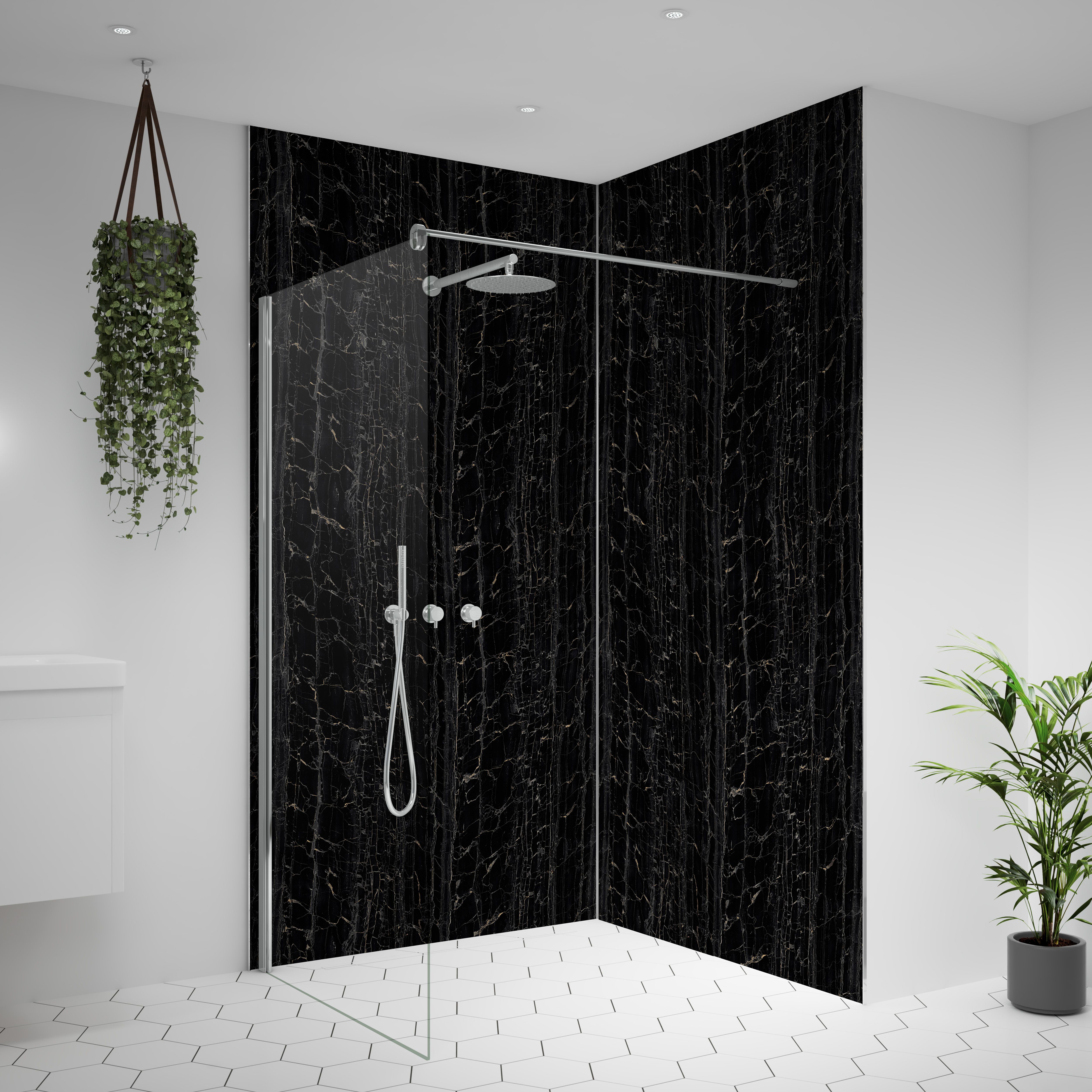 Splashwall Alloy Aluminium Bathroom & wet room Decorative panel (H)2440mm (W)1220mm - Matt Nero Portoro