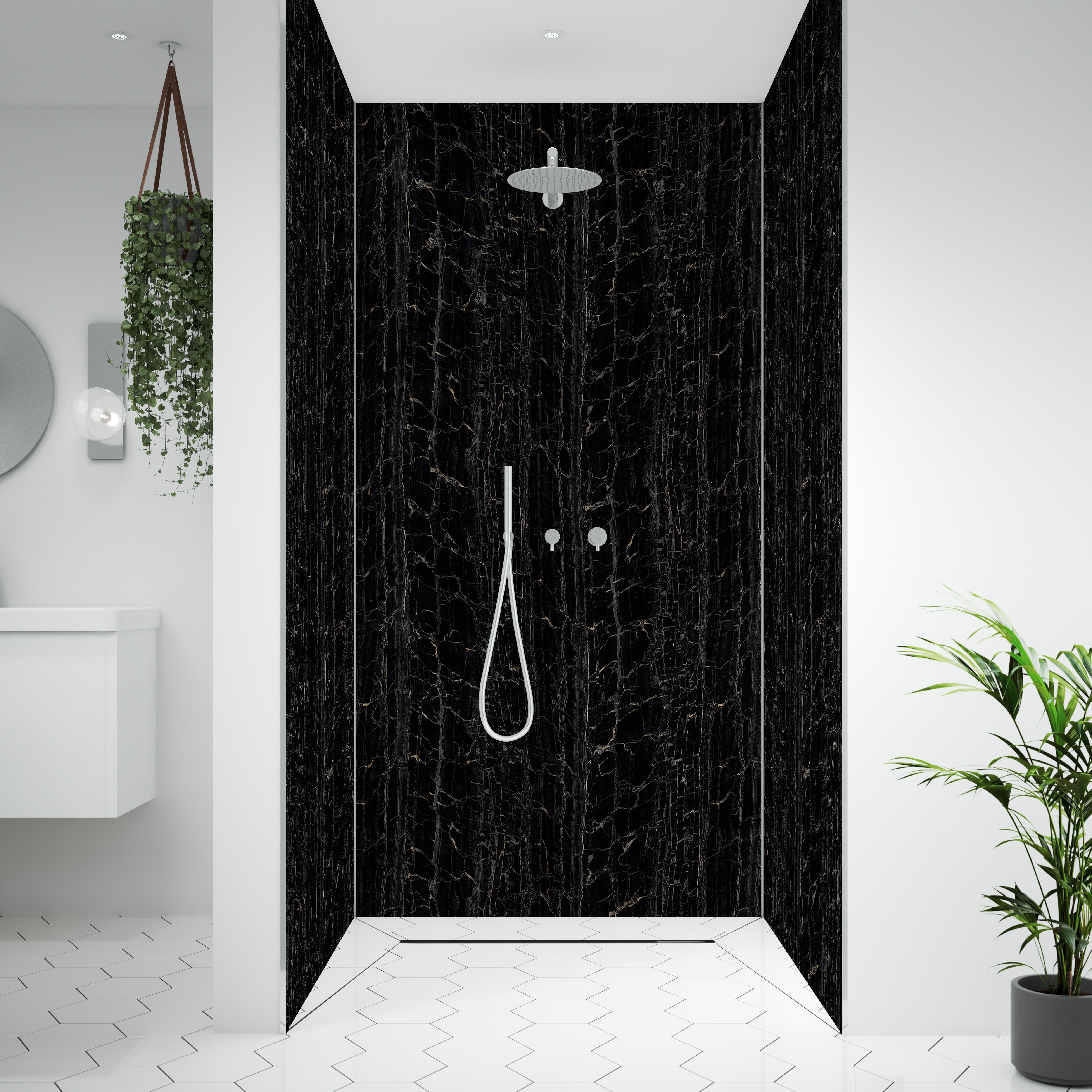 Splashwall Alloy Aluminium Bathroom & wet room Decorative panel (H)2440mm (W)900mm - Matt Nero Portoro