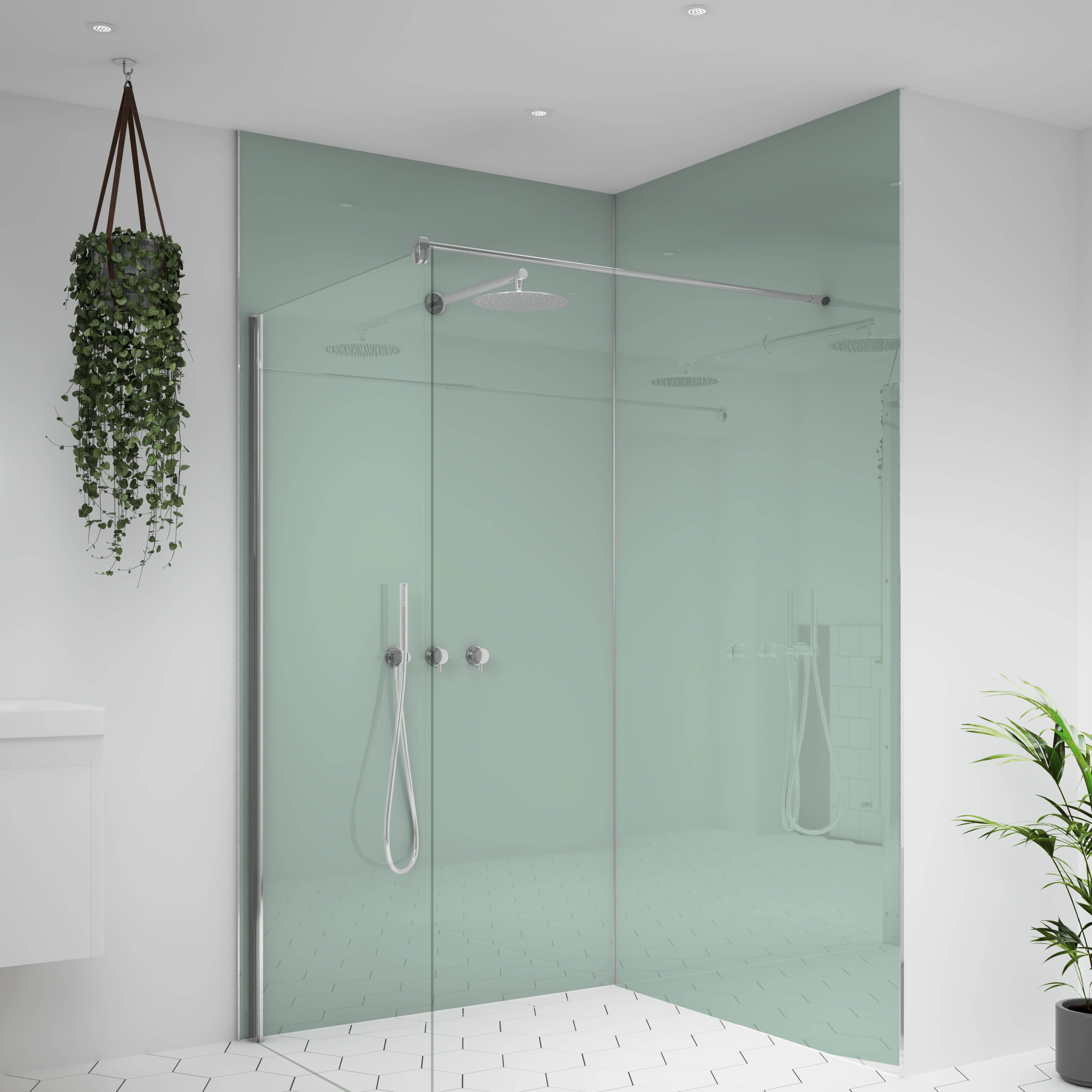 Splashwall Alloy Double-sided Aluminium Bathroom & wet room Decorative panel (H)2400mm (W)600mm - Gloss Terra grey & sea breeze green