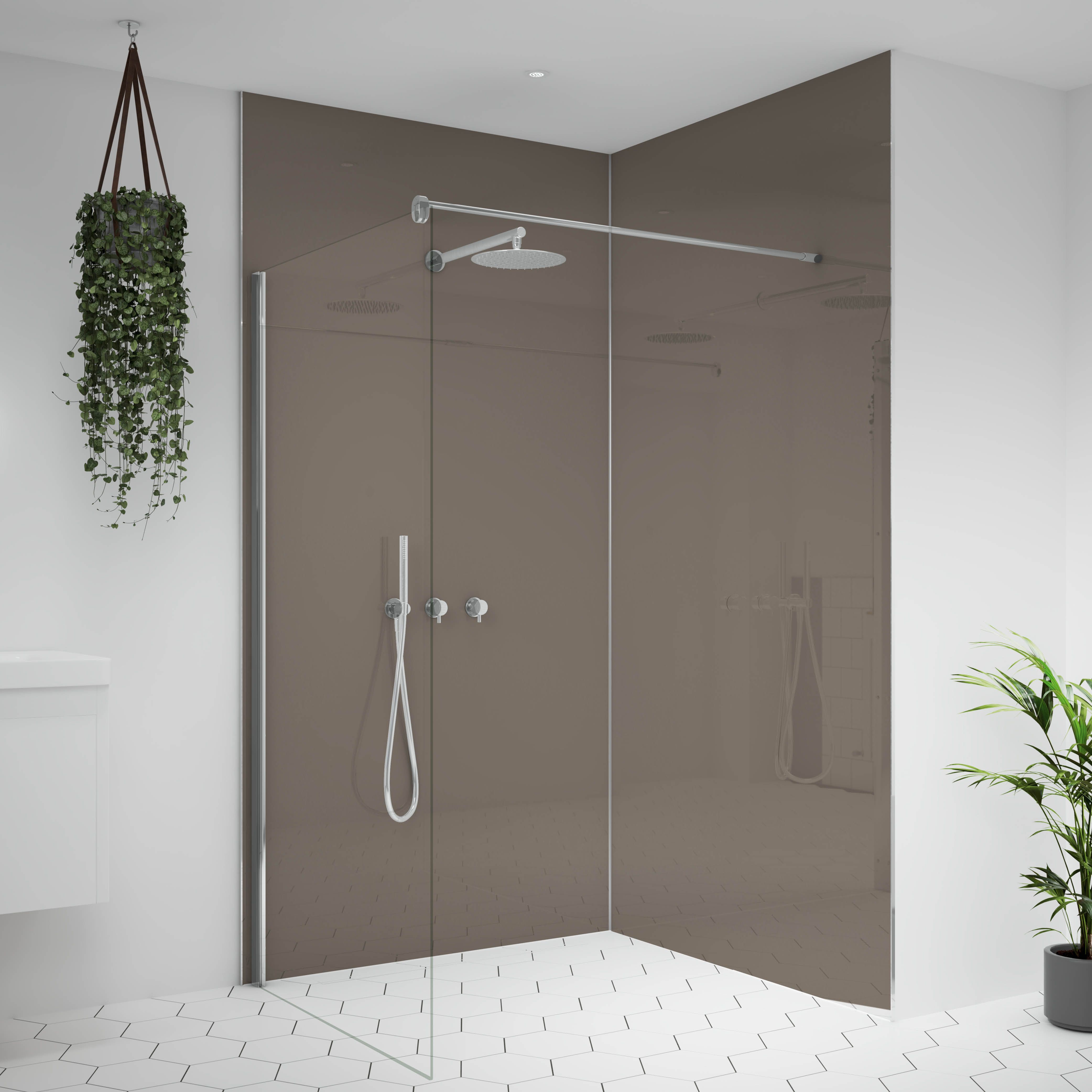 Splashwall Alloy Double-sided Aluminium Bathroom & wet room Decorative panel (H)2400mm (W)600mm - Gloss Terra grey & sea breeze green
