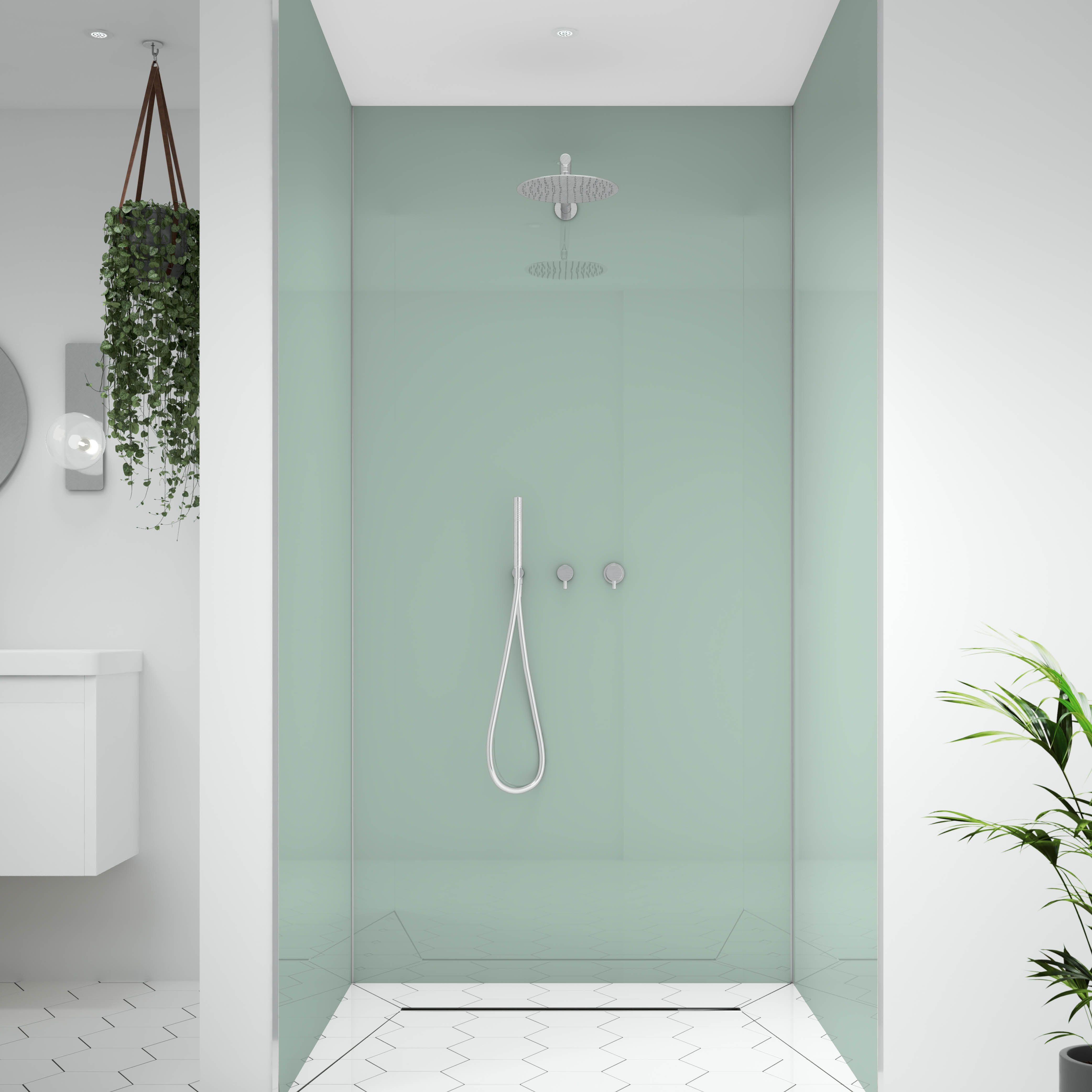 Splashwall Alloy Double-sided Aluminium Bathroom & wet room Decorative panel (H)2400mm (W)600mm - Gloss Terra grey & sea breeze green