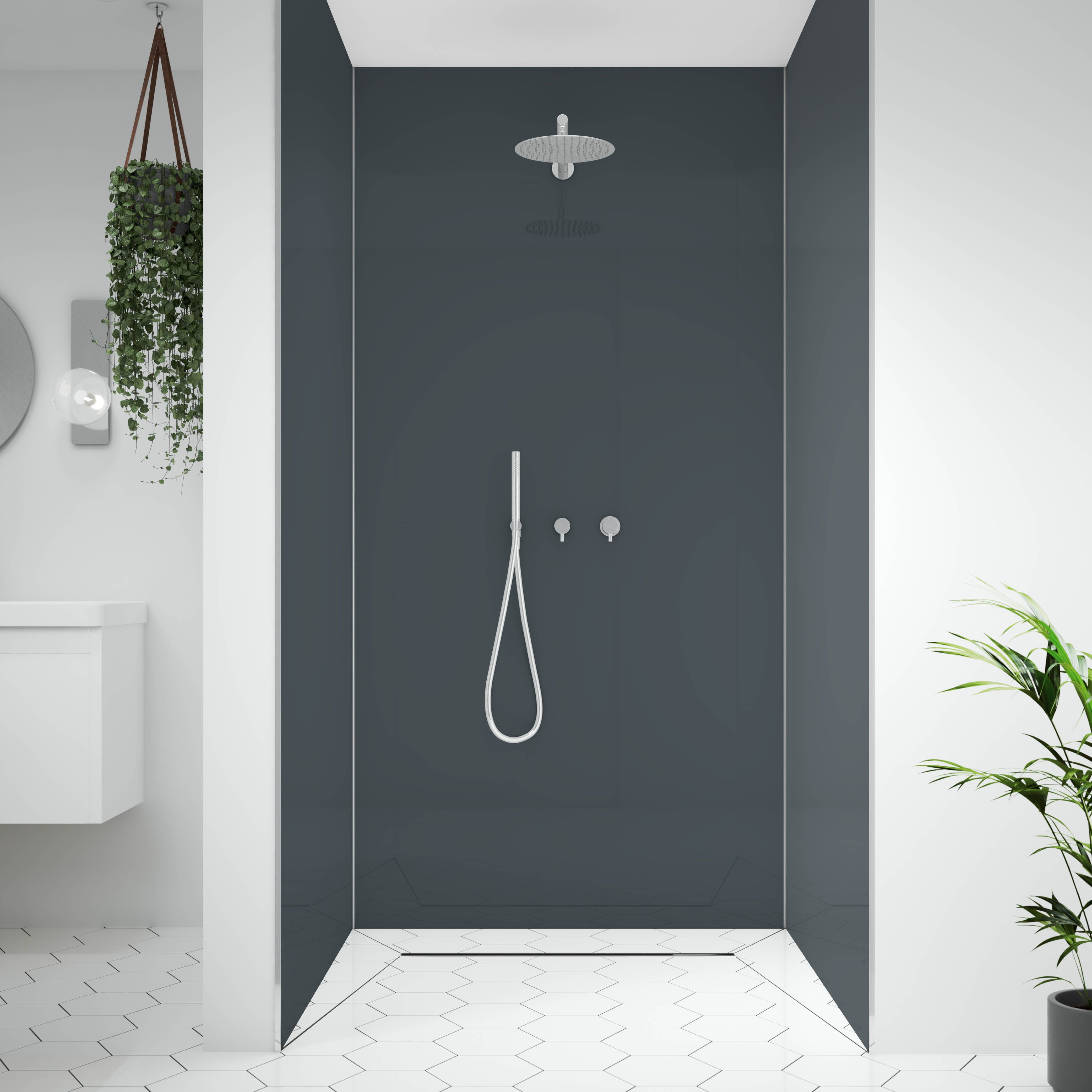 Splashwall Alloy Double-sided Bathroom & wet room Decorative panel (H)2400mm (W)1200mm - Gloss Malibu grey & storm blue