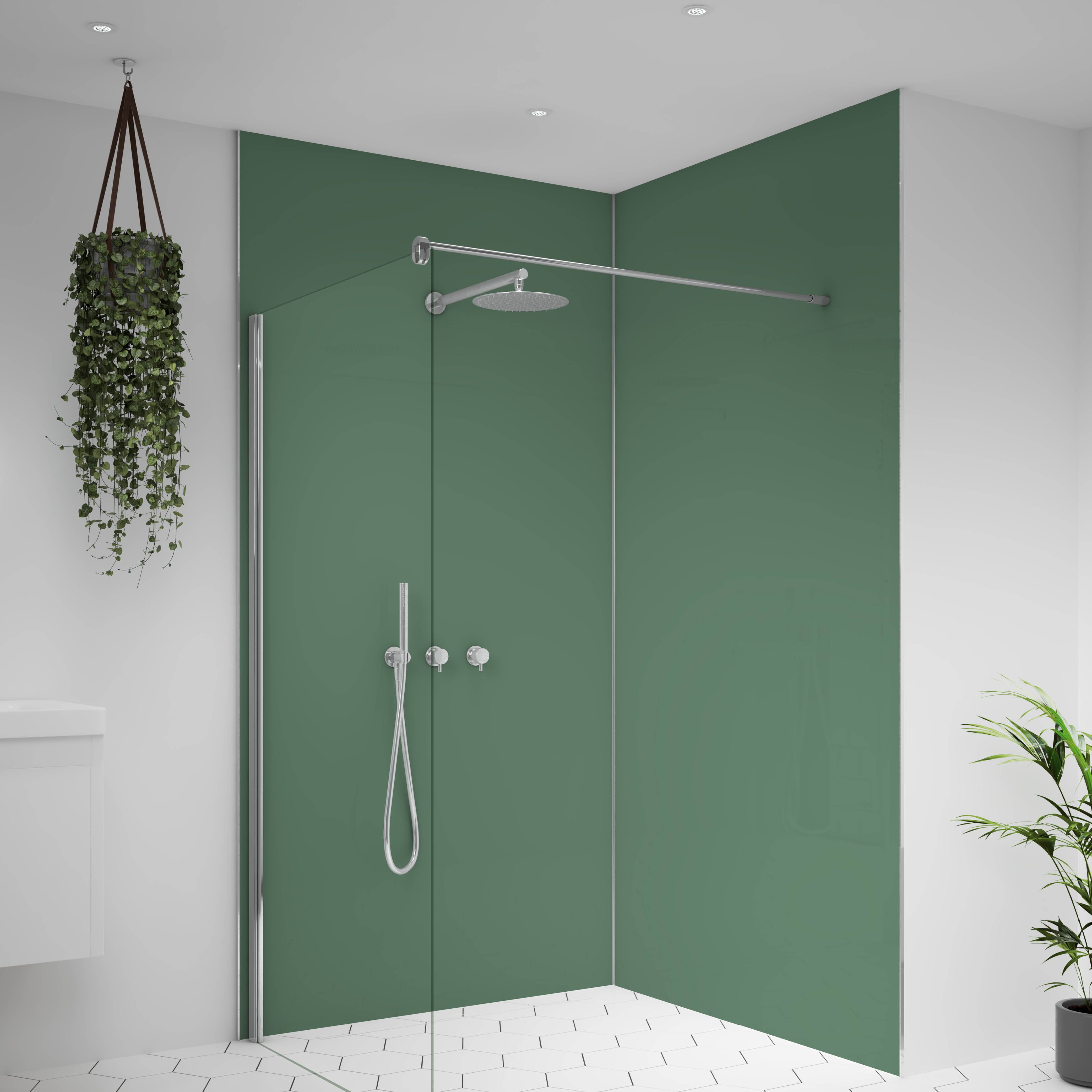 Splashwall Alloy Double-sided Bathroom & wet room Decorative panel (H)2400mm (W)1200mm - Matt Sea foam green & battleship grey
