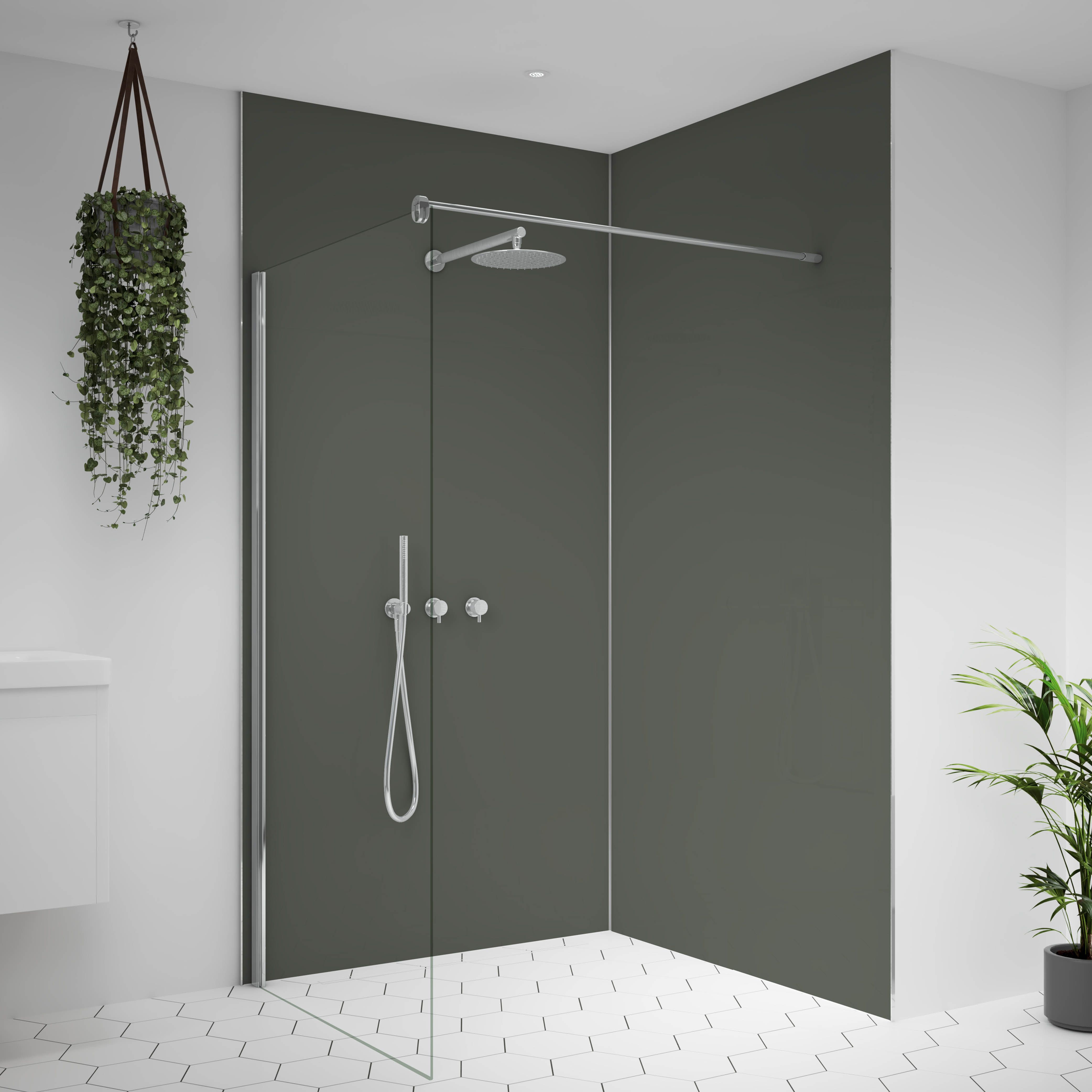 Splashwall Alloy Double-sided Bathroom & wet room Decorative panel (H)2400mm (W)1200mm - Matt Sea foam green & battleship grey
