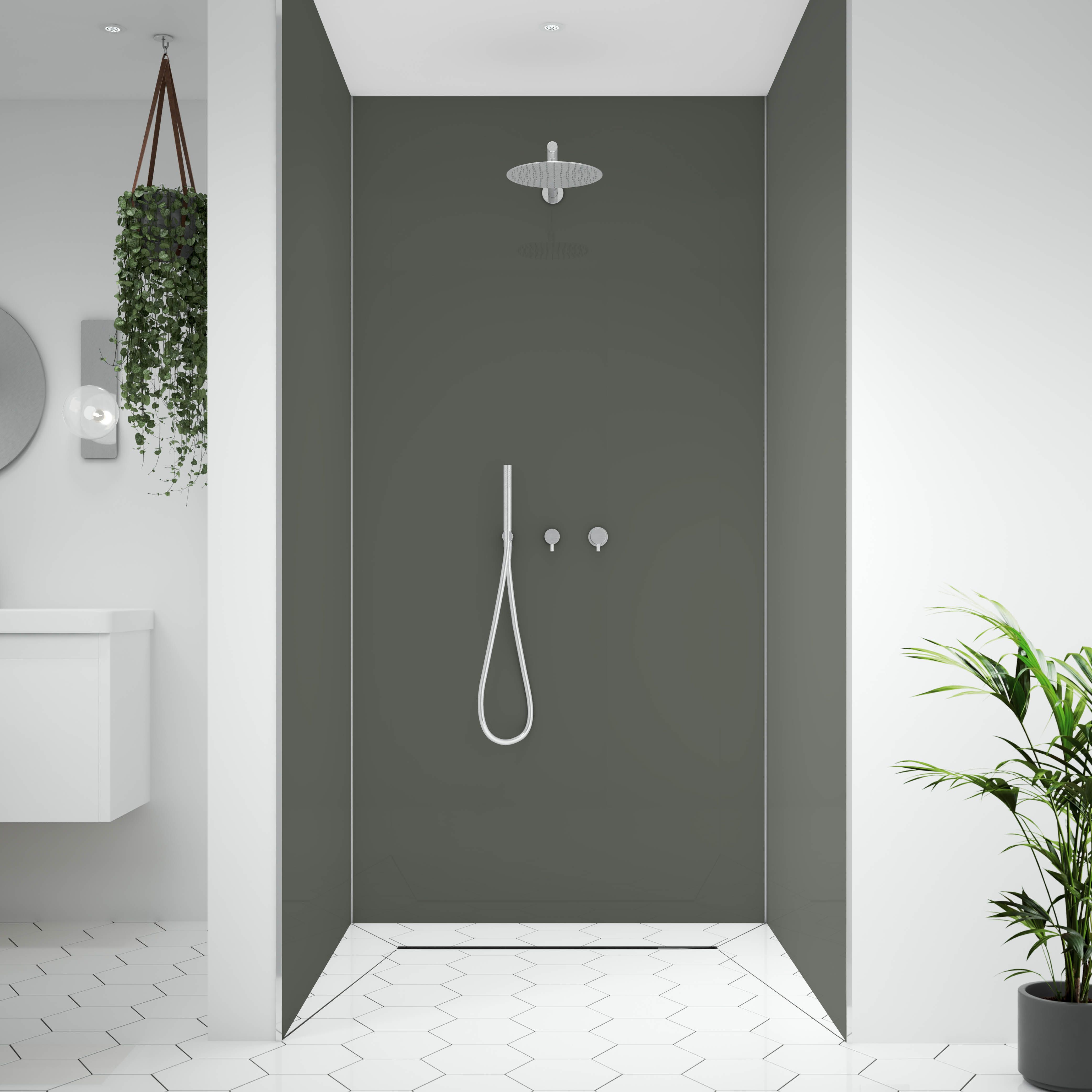 Splashwall Alloy Double-sided Bathroom & wet room Decorative panel (H)2400mm (W)1200mm - Matt Sea foam green & battleship grey