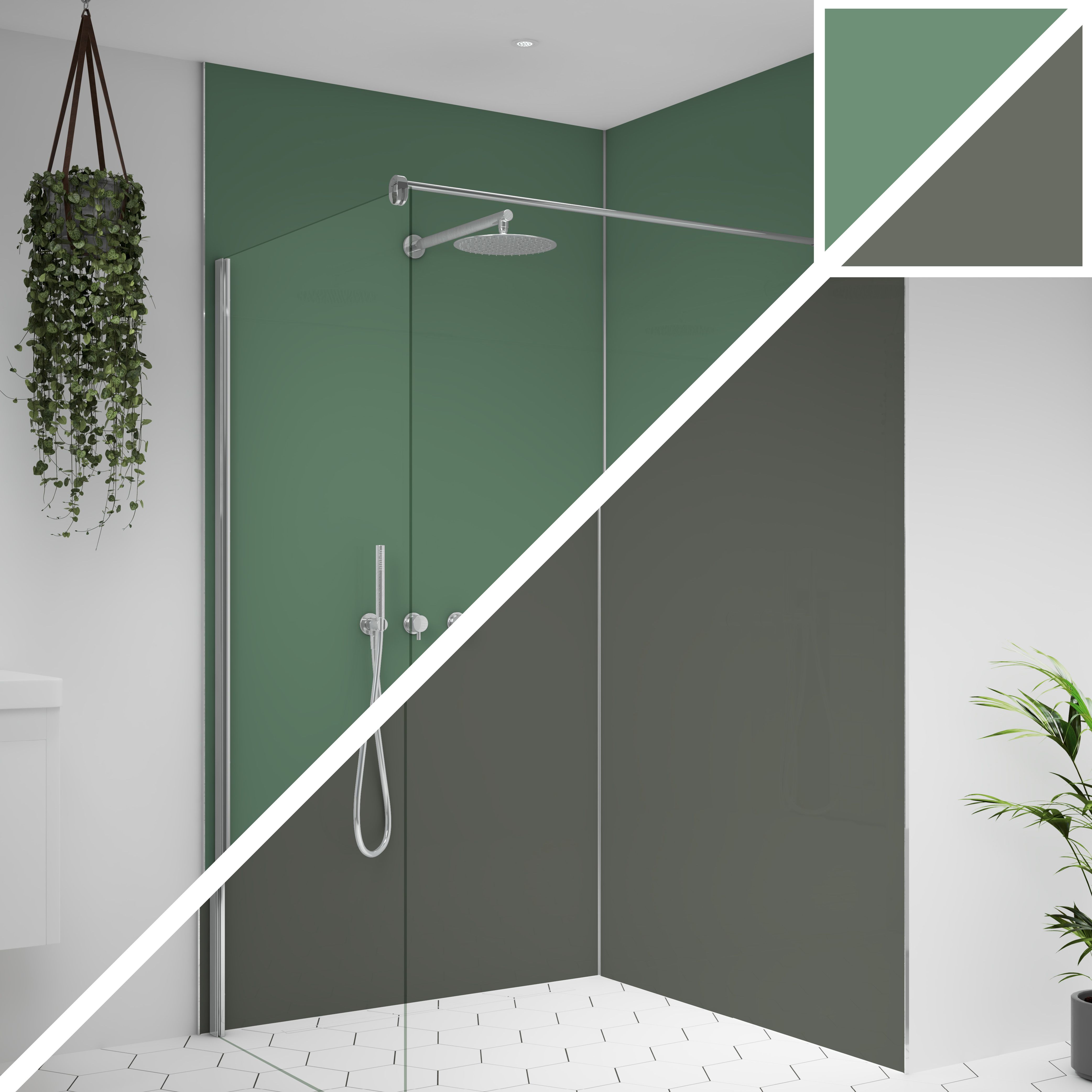 Splashwall Alloy Double-sided Bathroom & wet room Decorative panel (H)2400mm (W)1200mm - Matt Sea foam green & battleship grey