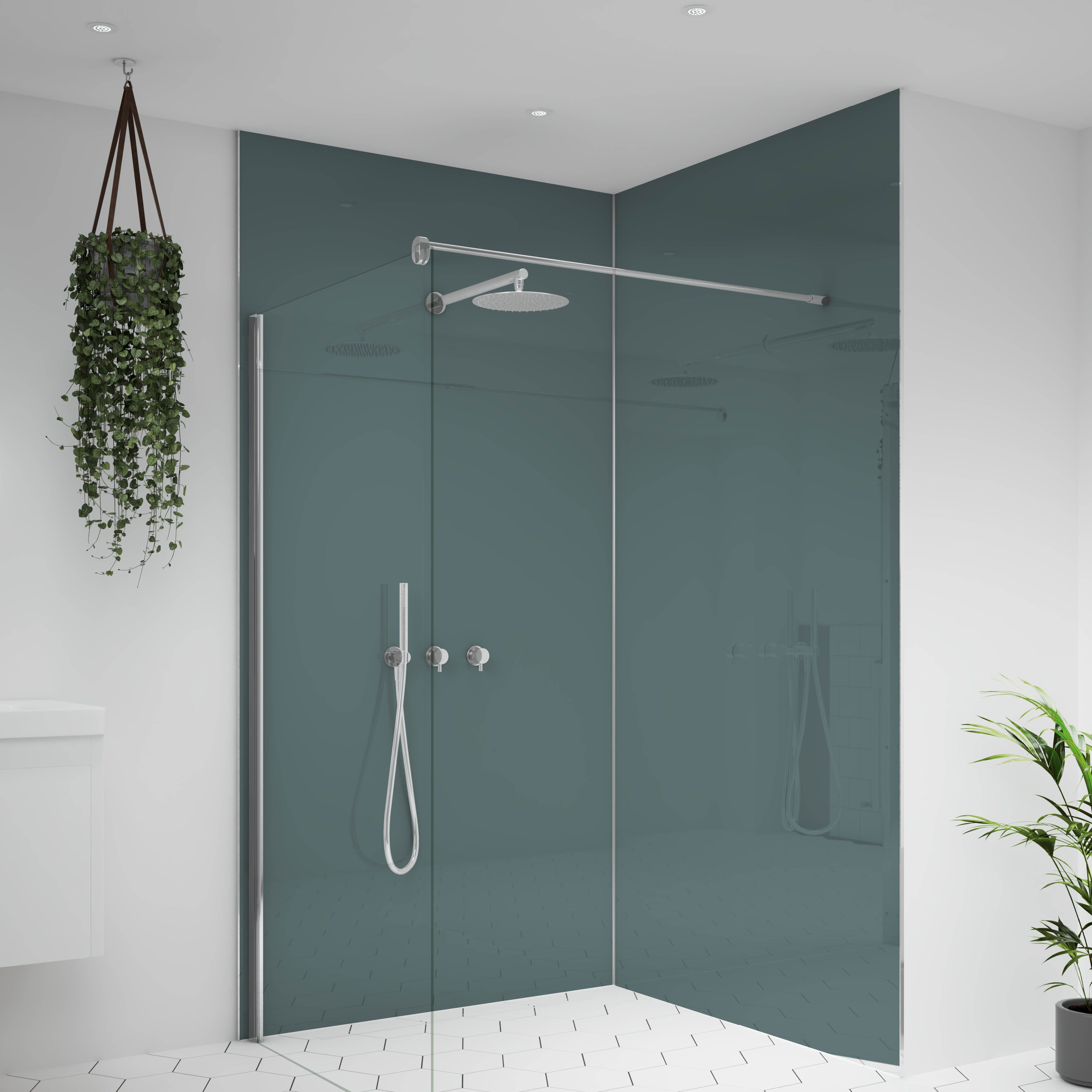 Splashwall Alloy Double-sided Bathroom & wet room Decorative panel (H)2400mm (W)900mm - Gloss Glacier white & Neptune blue