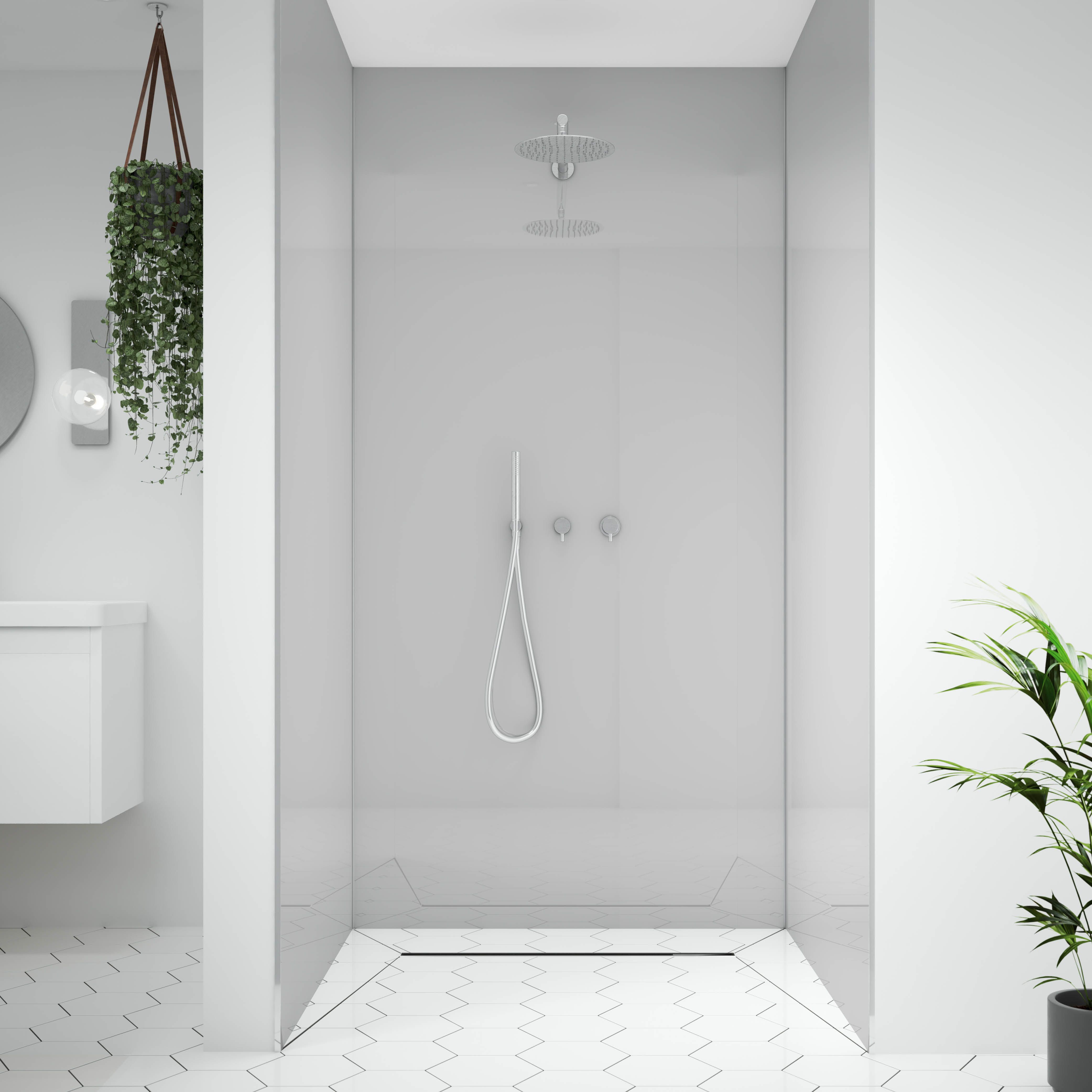 Splashwall Alloy Double-sided Bathroom & wet room Decorative panel (H)2400mm (W)900mm - Gloss Glacier white & Neptune blue