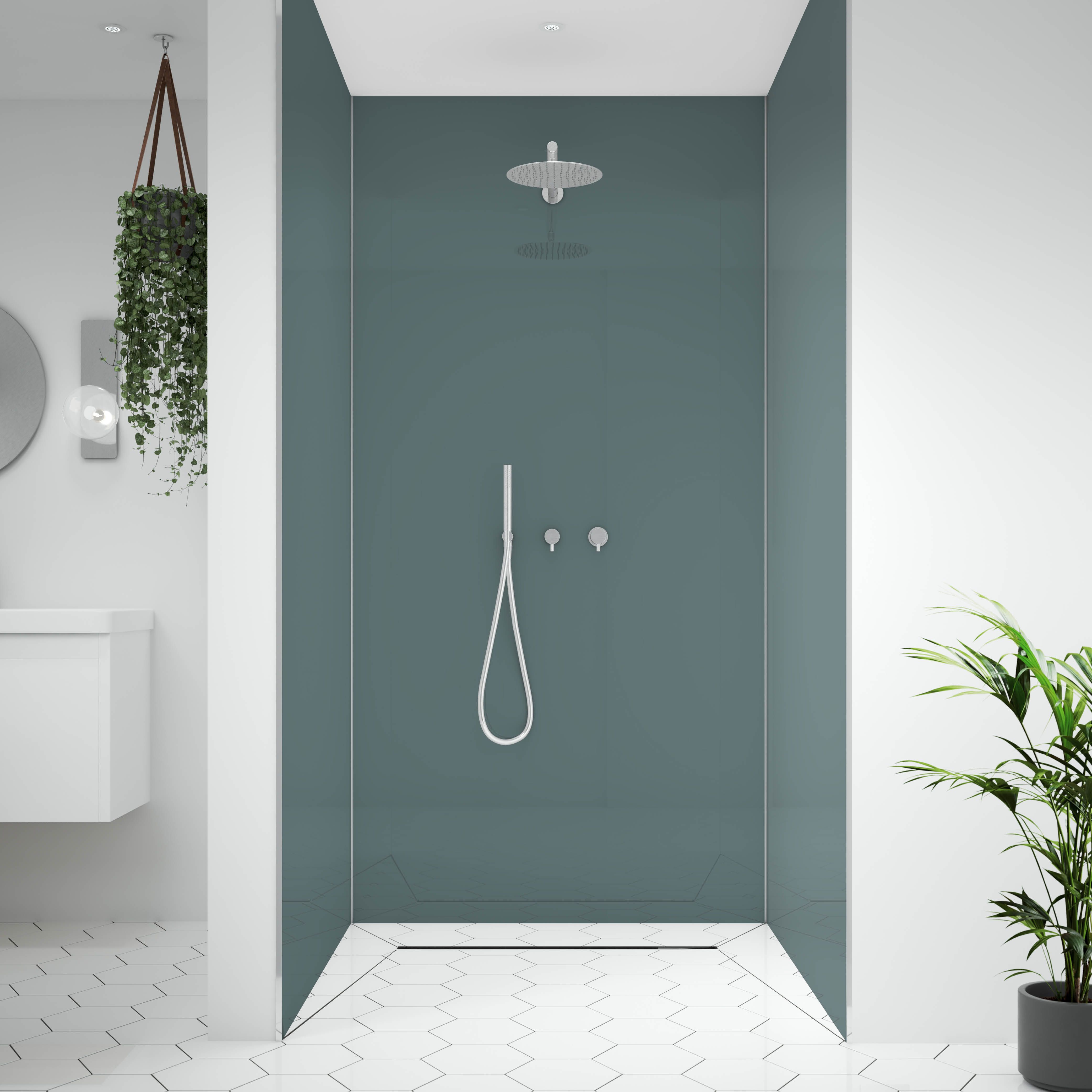 Splashwall Alloy Gloss Glacier white & Neptune blue Aluminium Bathroom & wet room Decorative panel (H)2400mm (W)1200mm
