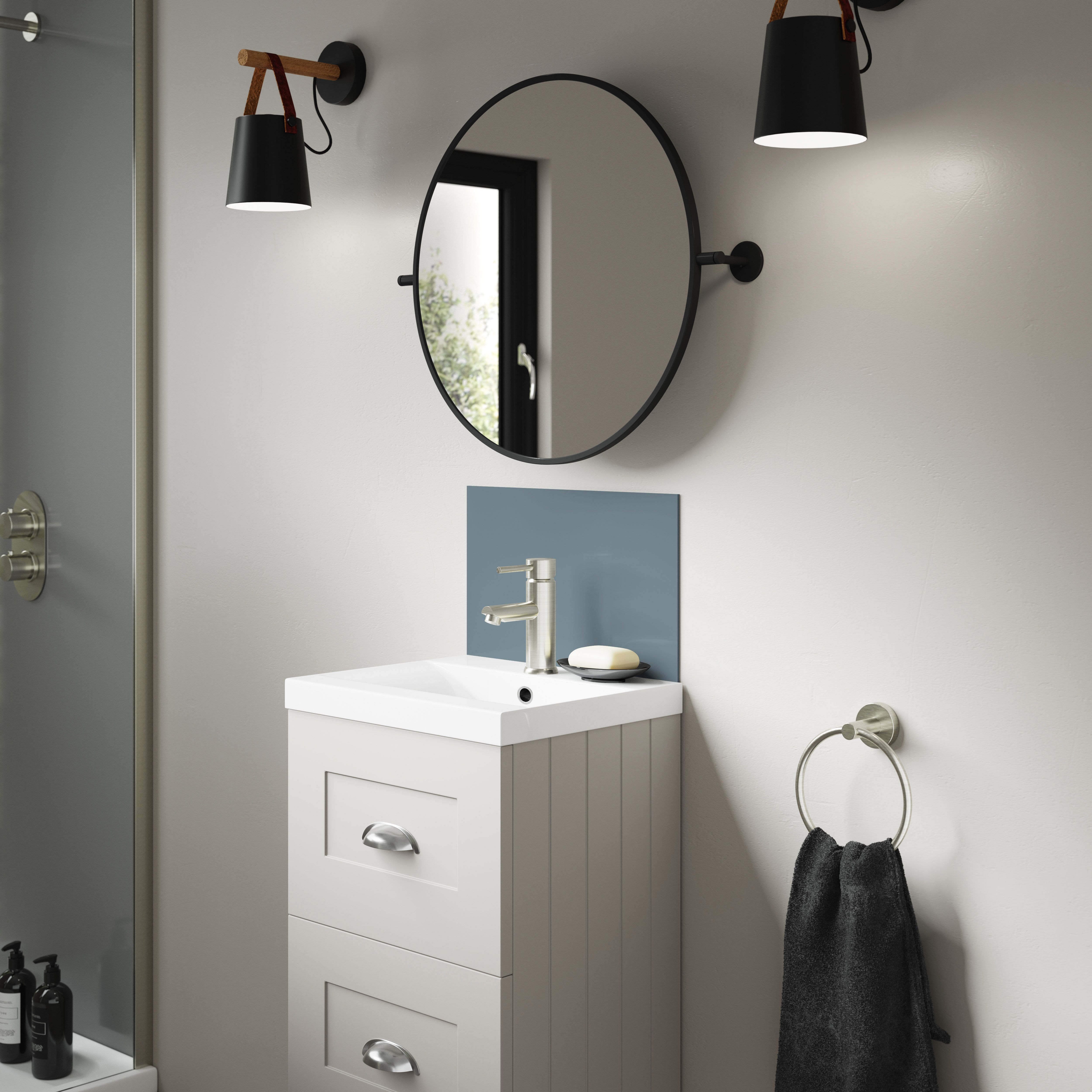 Splashwall Alloy Gloss Glacier white & Neptune blue Aluminium Double-sided Bathroom Splashback (H)25cm (W)40cm