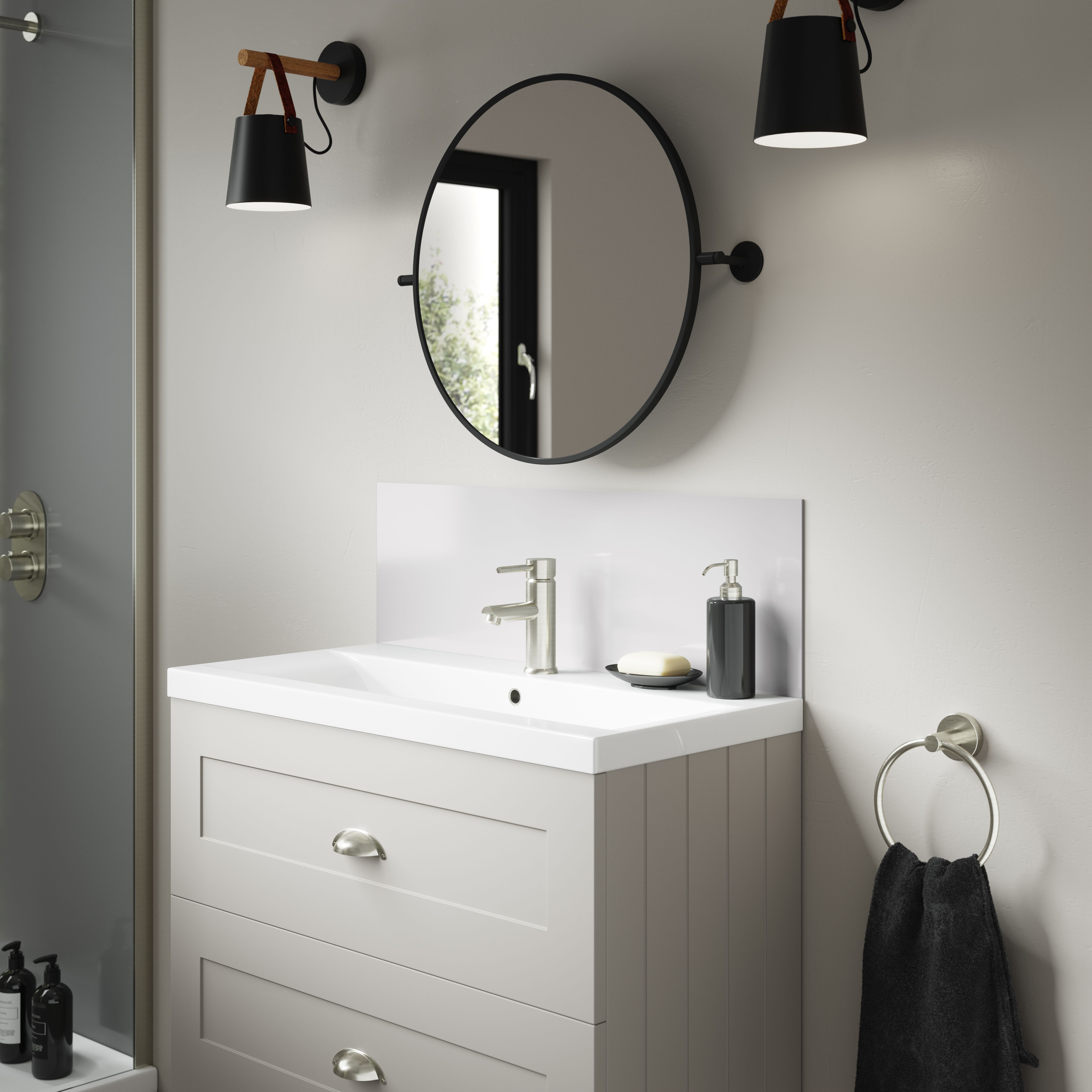 Splashwall Alloy Gloss Glacier white & Neptune blue Aluminium Double-sided Bathroom Splashback (H)25cm (W)80cm
