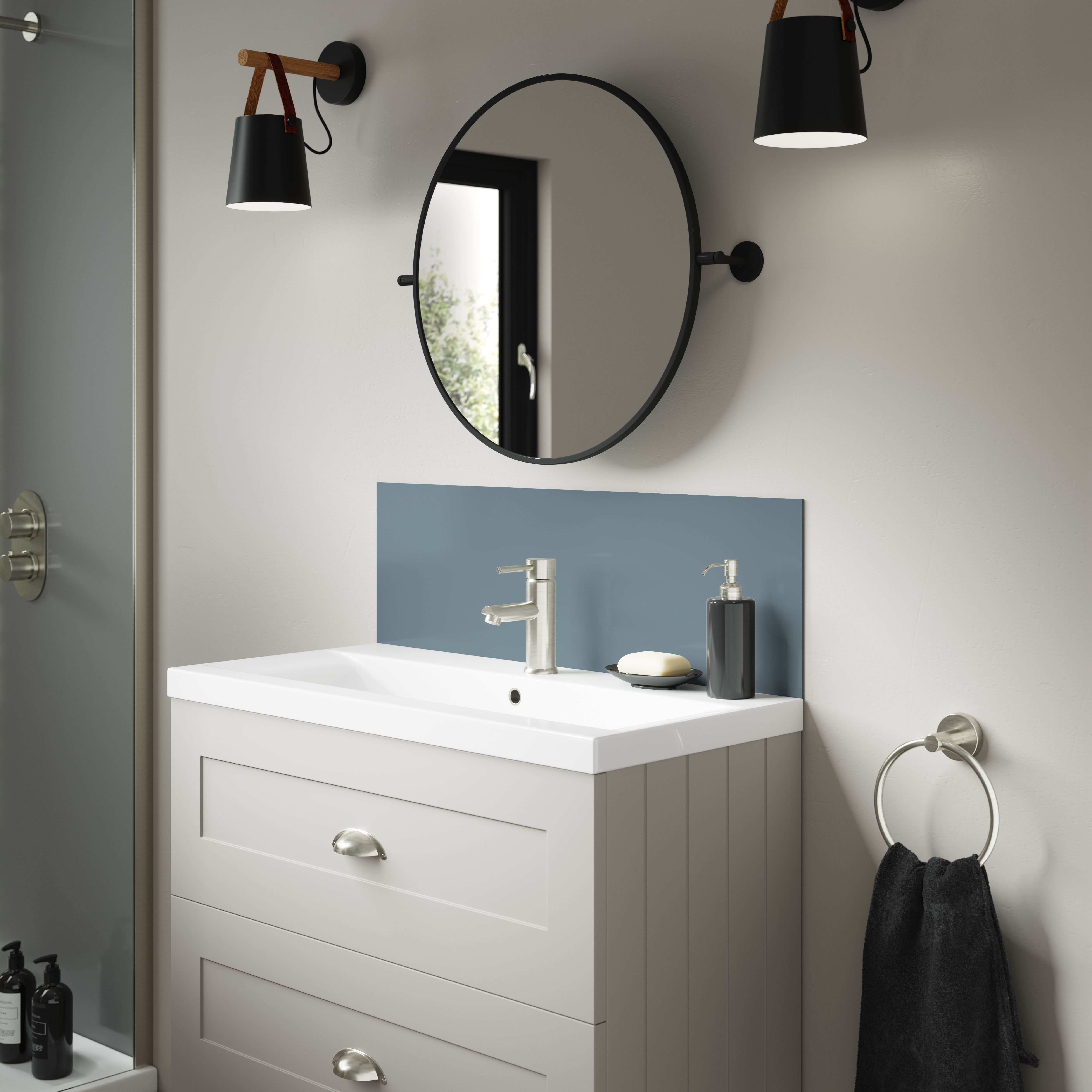Splashwall Alloy Gloss Glacier white & Neptune blue Aluminium Double-sided Bathroom Splashback (H)25cm (W)80cm