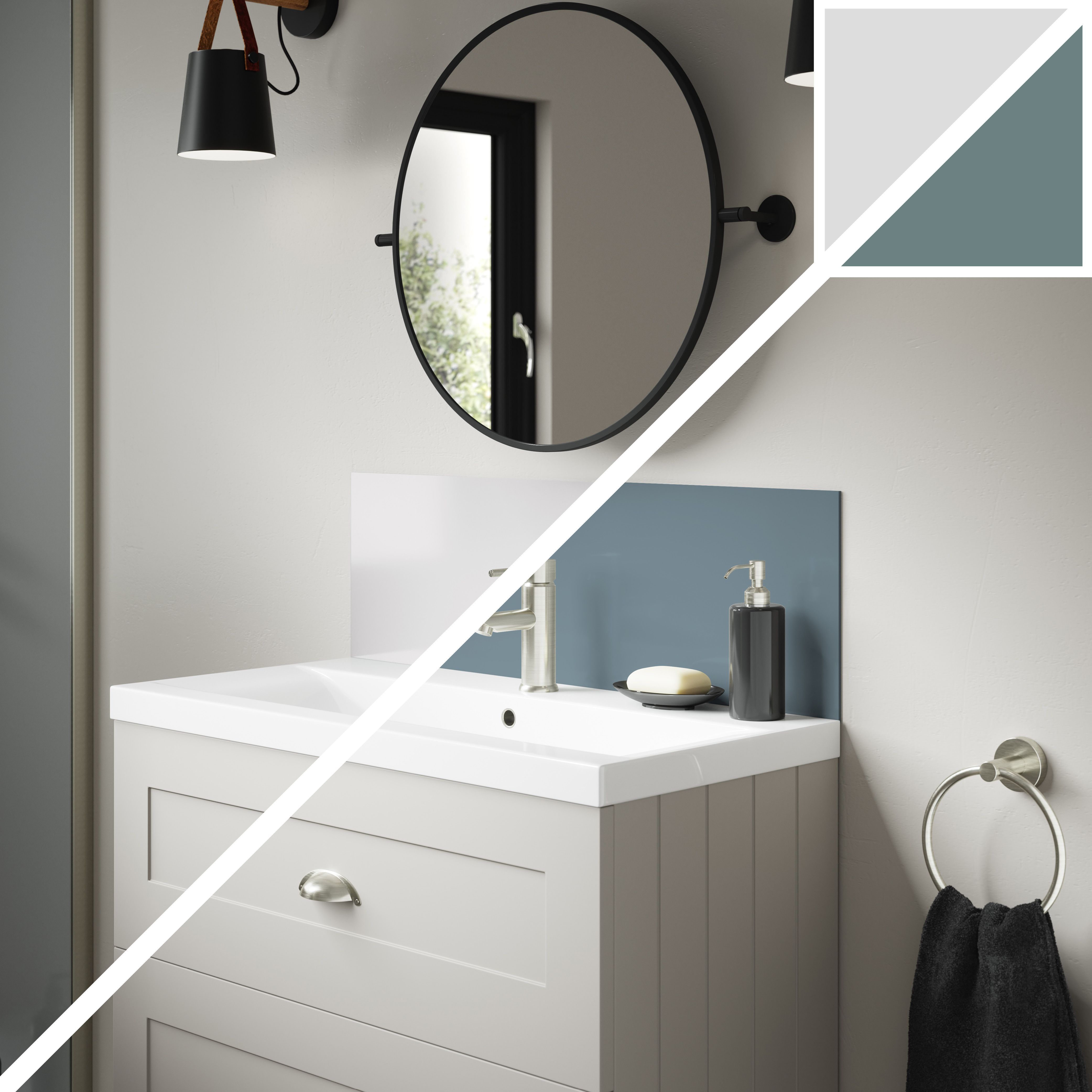 Splashwall Alloy Gloss Glacier white & Neptune blue Aluminium Double-sided Bathroom Splashback (H)25cm (W)80cm