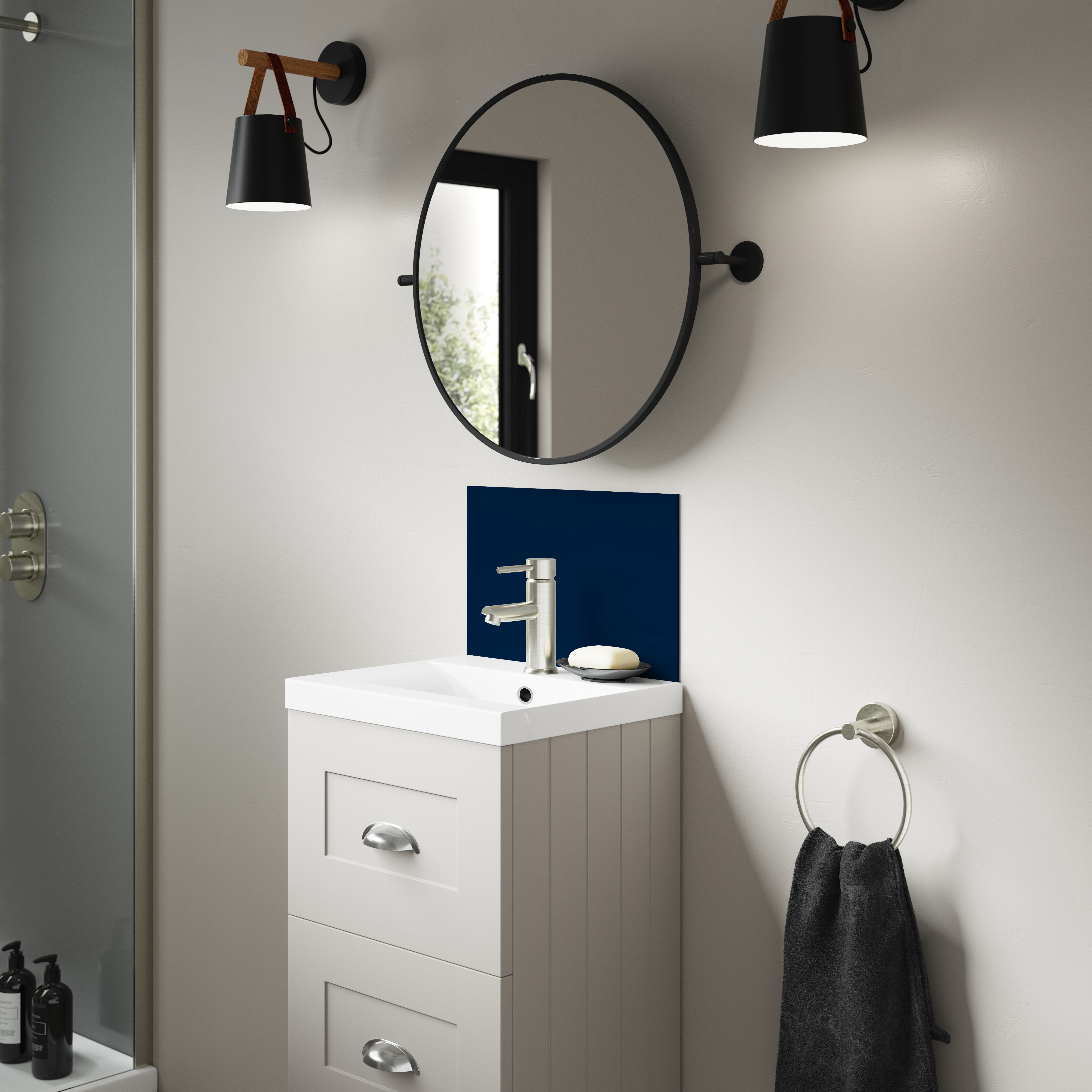 Splashwall Alloy Gloss Starry night blue & urban grey Double-sided Glass effect Laminate Adhesive Bathroom Splashback (H)25cm (W)40cm