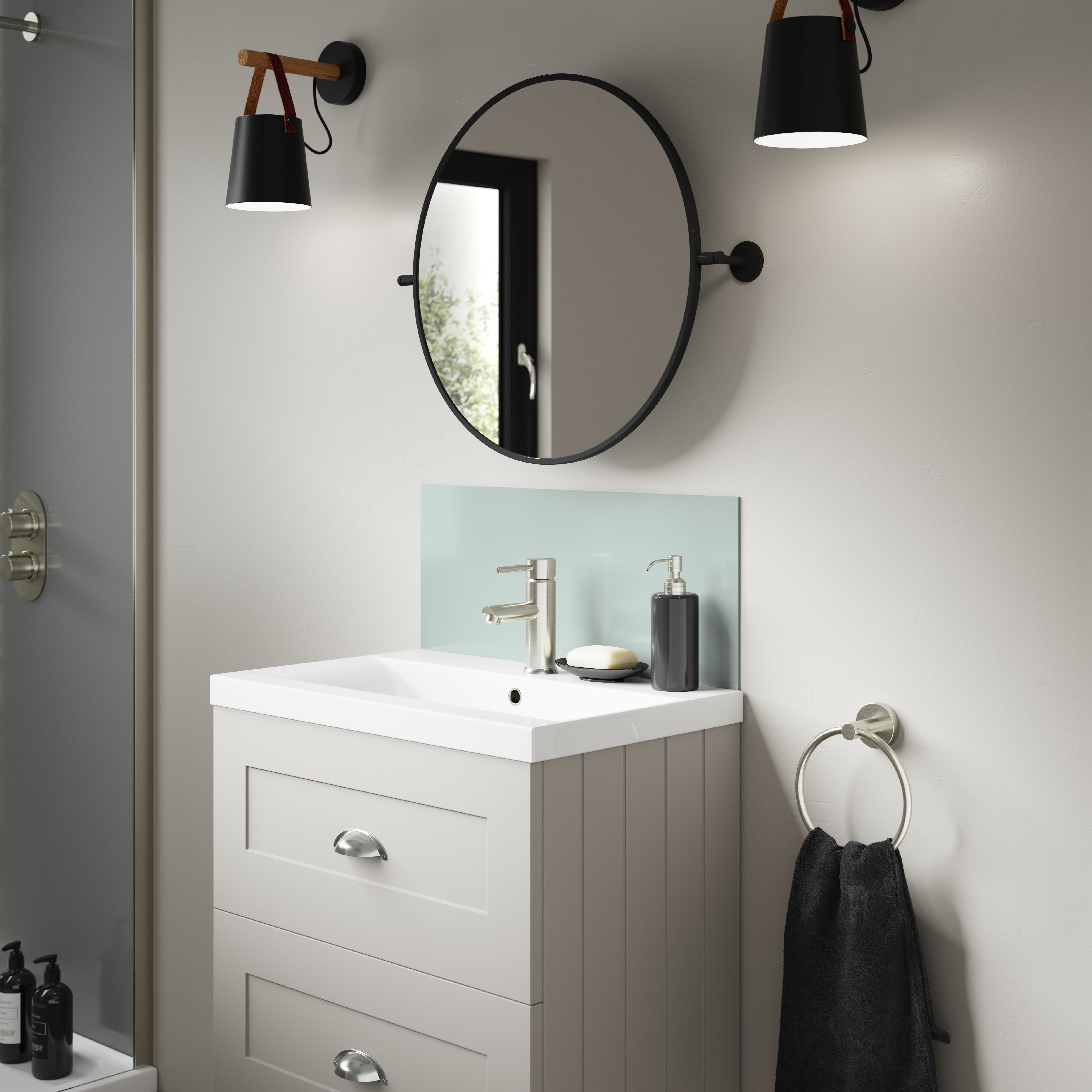 Splashwall Alloy Gloss Terra grey & sea breeze green Aluminium Double-sided Bathroom Splashback (H)25cm (W)60cm