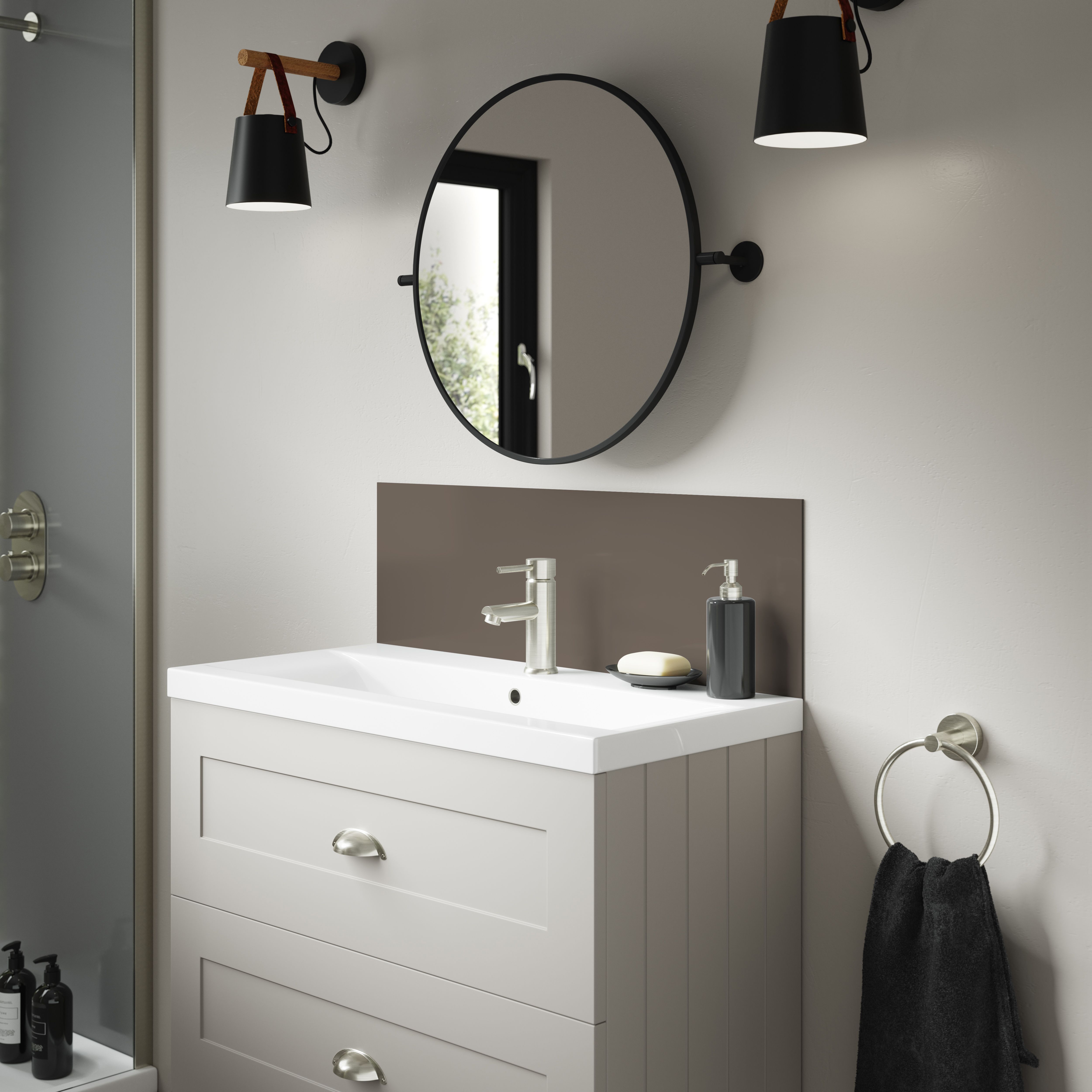 Splashwall Alloy Gloss Terra grey & sea breeze green Aluminium Double-sided Bathroom Splashback (H)25cm (W)80cm