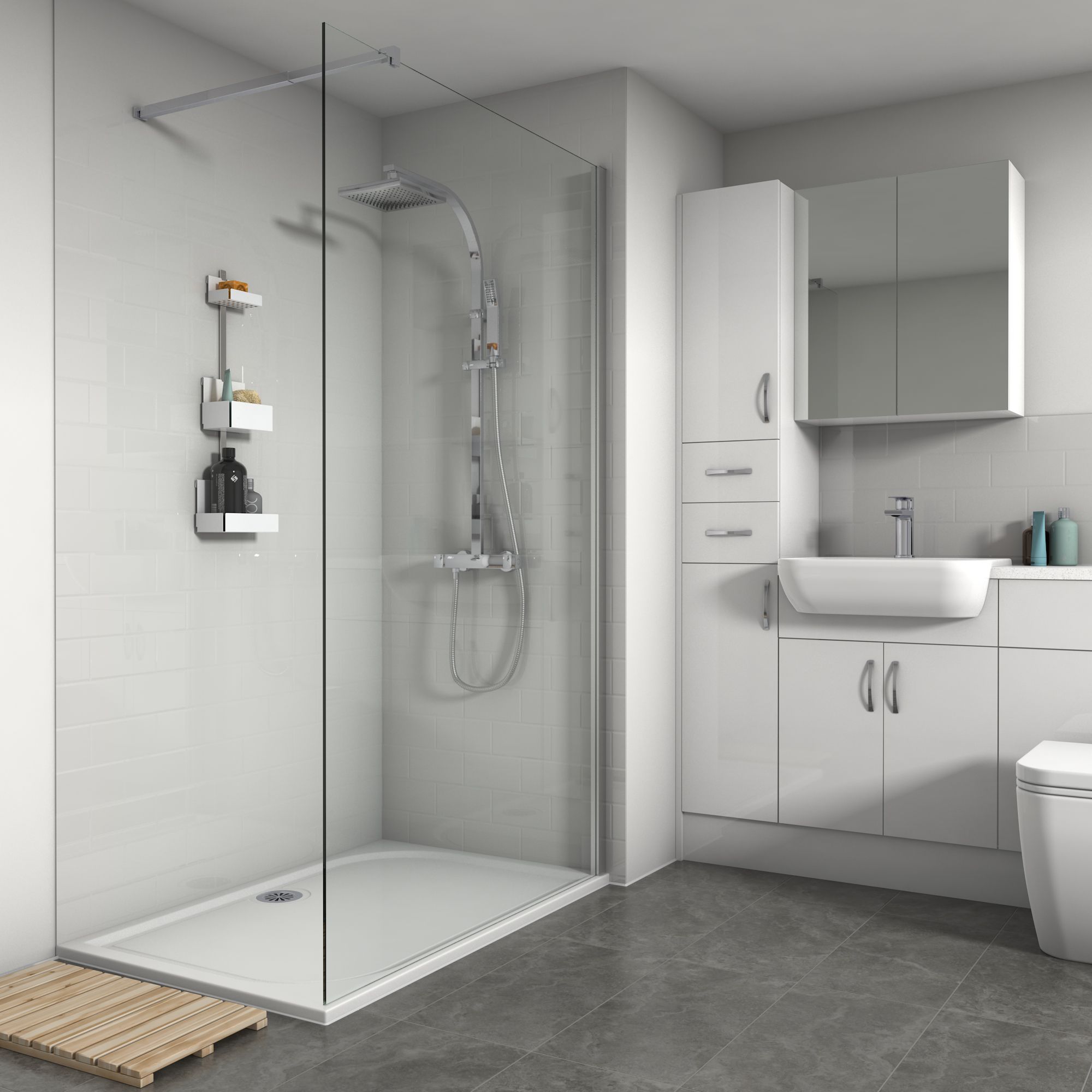 Splashwall Composite Bathroom & wet room Panel (H)1200mm (W)2440mm - Gloss White Horizontal Tile effect