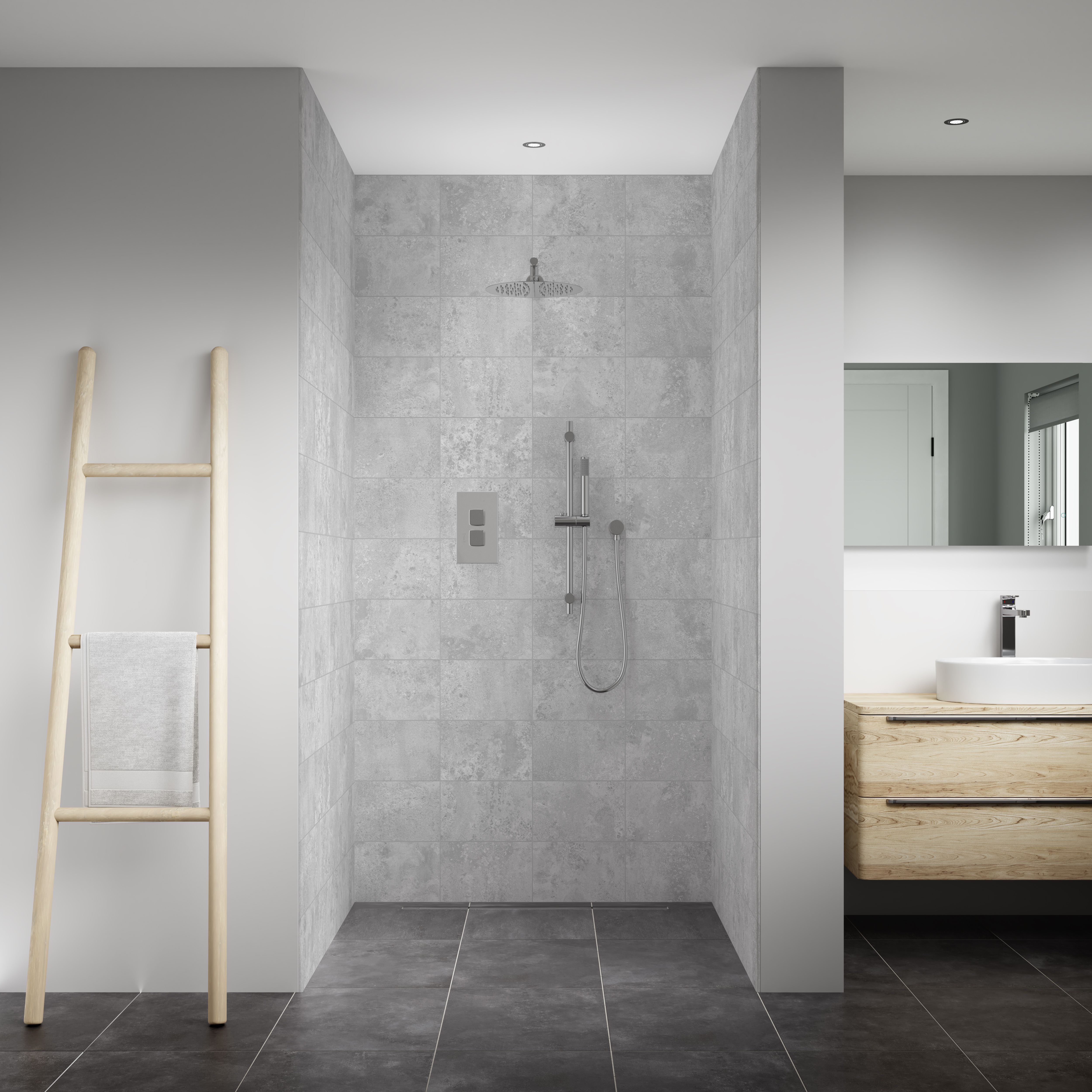 Splashwall Elite 3 panel Composite Wall panel kit (L)2420mm (W)1200mm - Light grey Tile effect