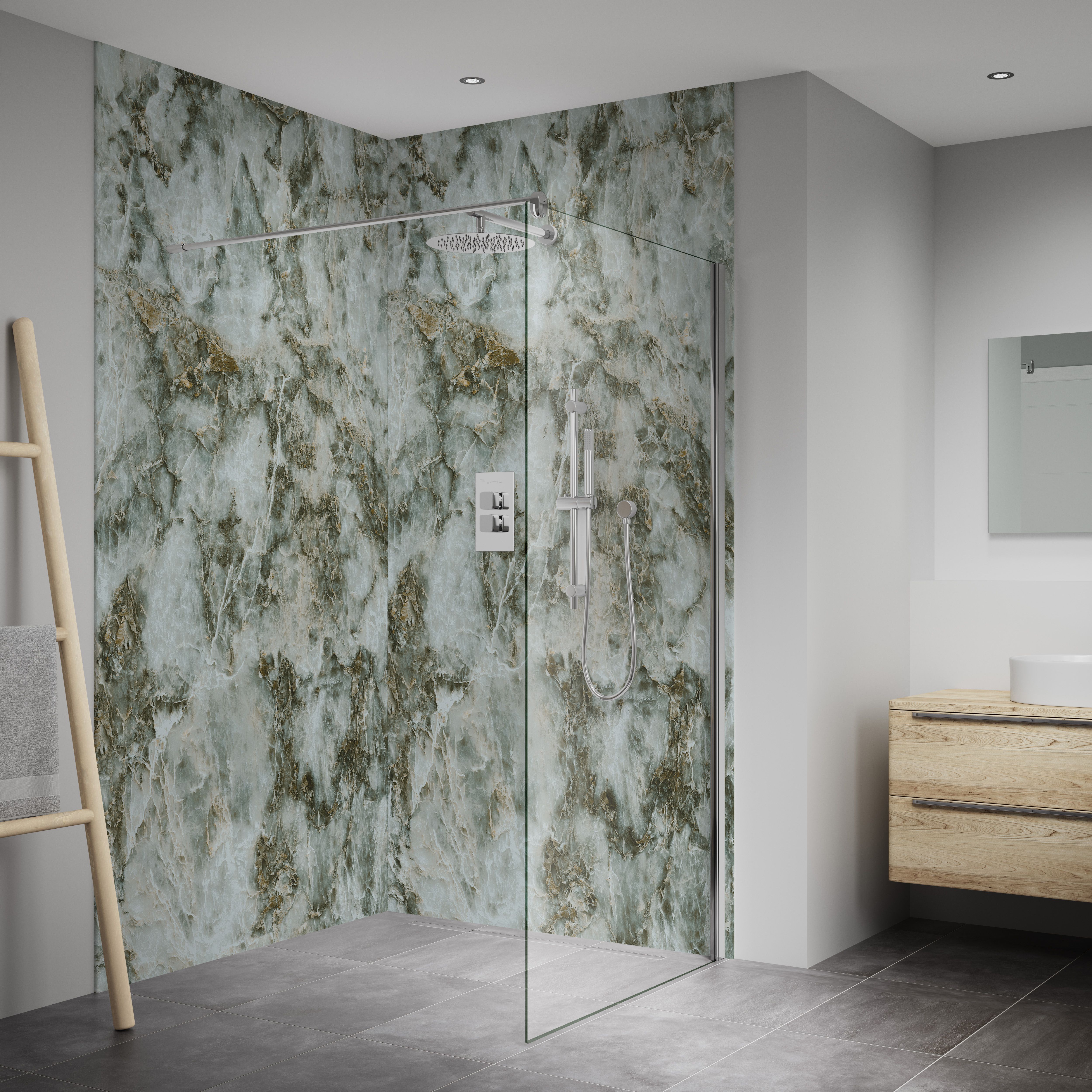 Splashwall Elite Composite Tongue & groove Bathroom & wet room Decorative panel (H)2420mm (W)1200mm - Gloss Onyx Verde Pattern Marble effect