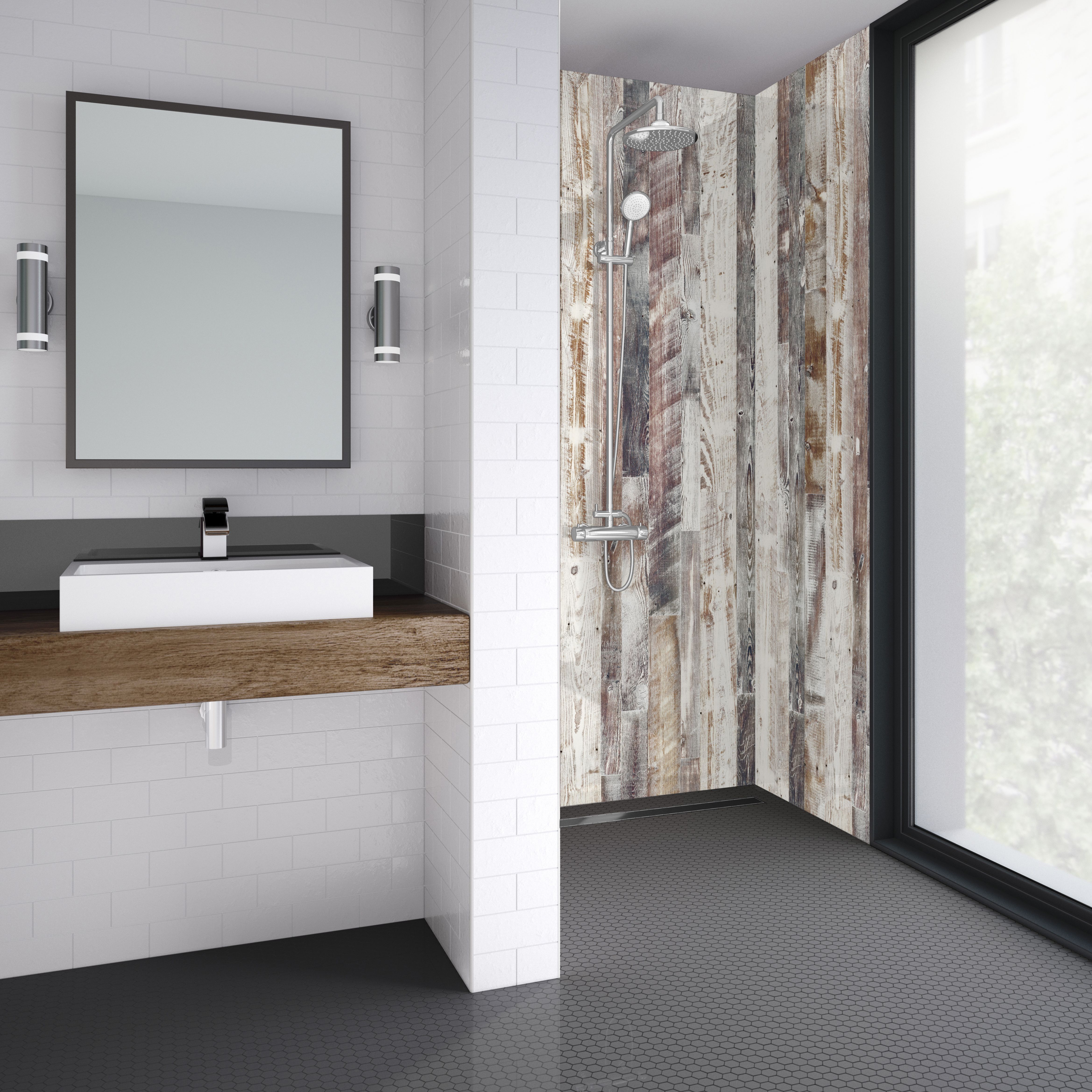 Splashwall Elite Matt Antique limed Pine MDF & vinyl Tongue & groove Panel (H)2420mm (W)600mm