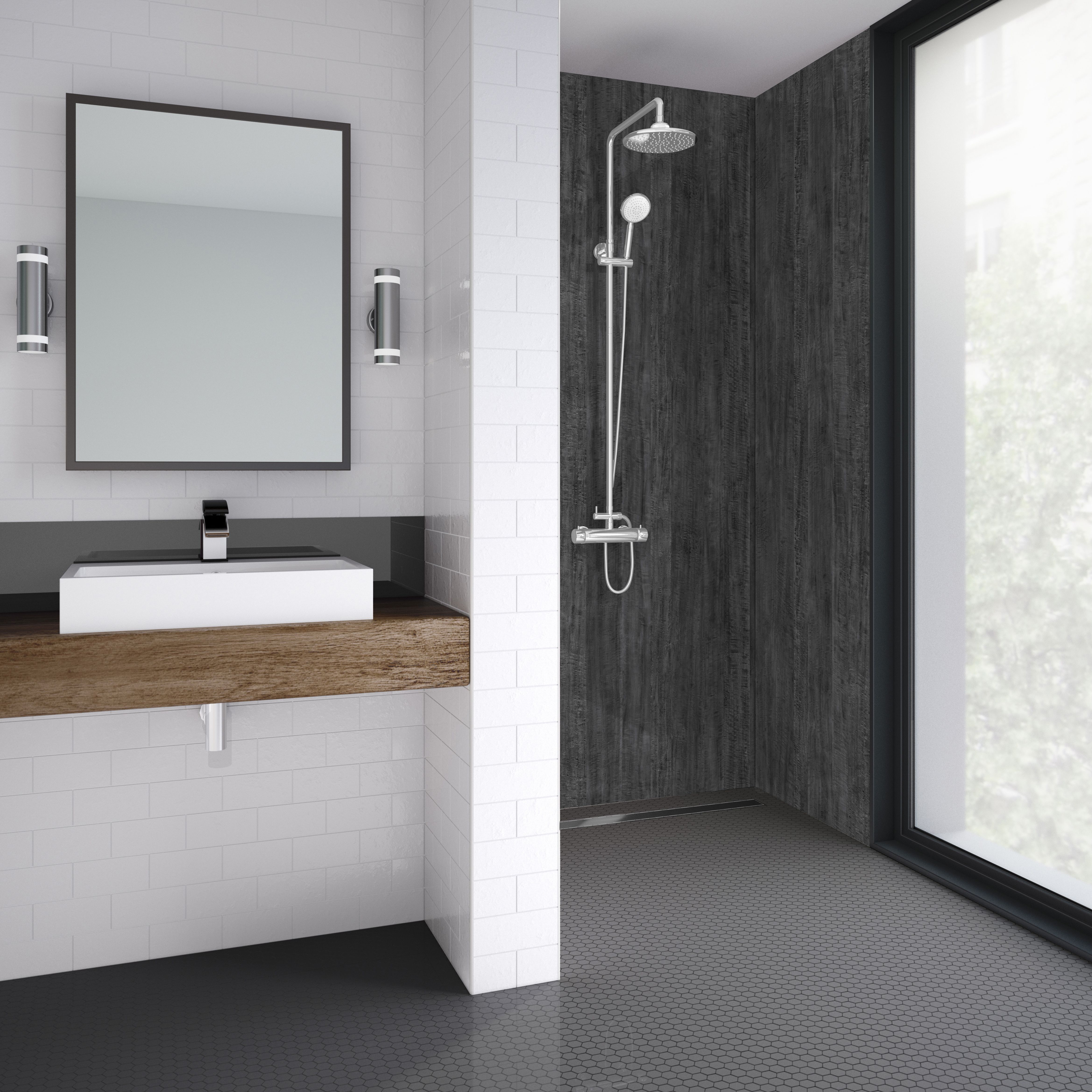 Splashwall Elite Matt Charcoal eucalyptus MDF & vinyl Tongue & groove Panel (H)2420mm (W)600mm