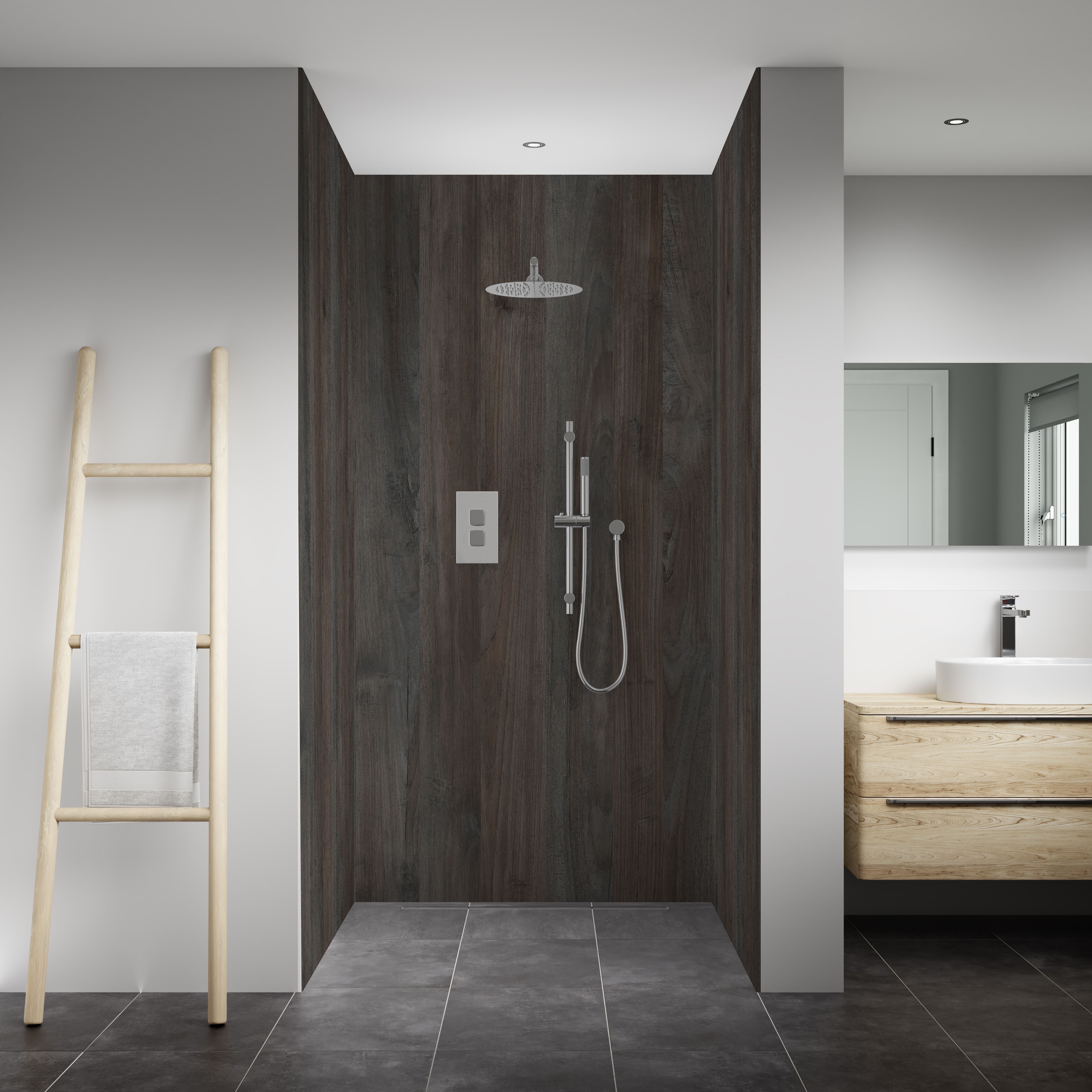 Splashwall Elite Matt Deep oak brown 3 sided Shower Wall panel kit (L)2420mm (W)1200mm (T)11mm