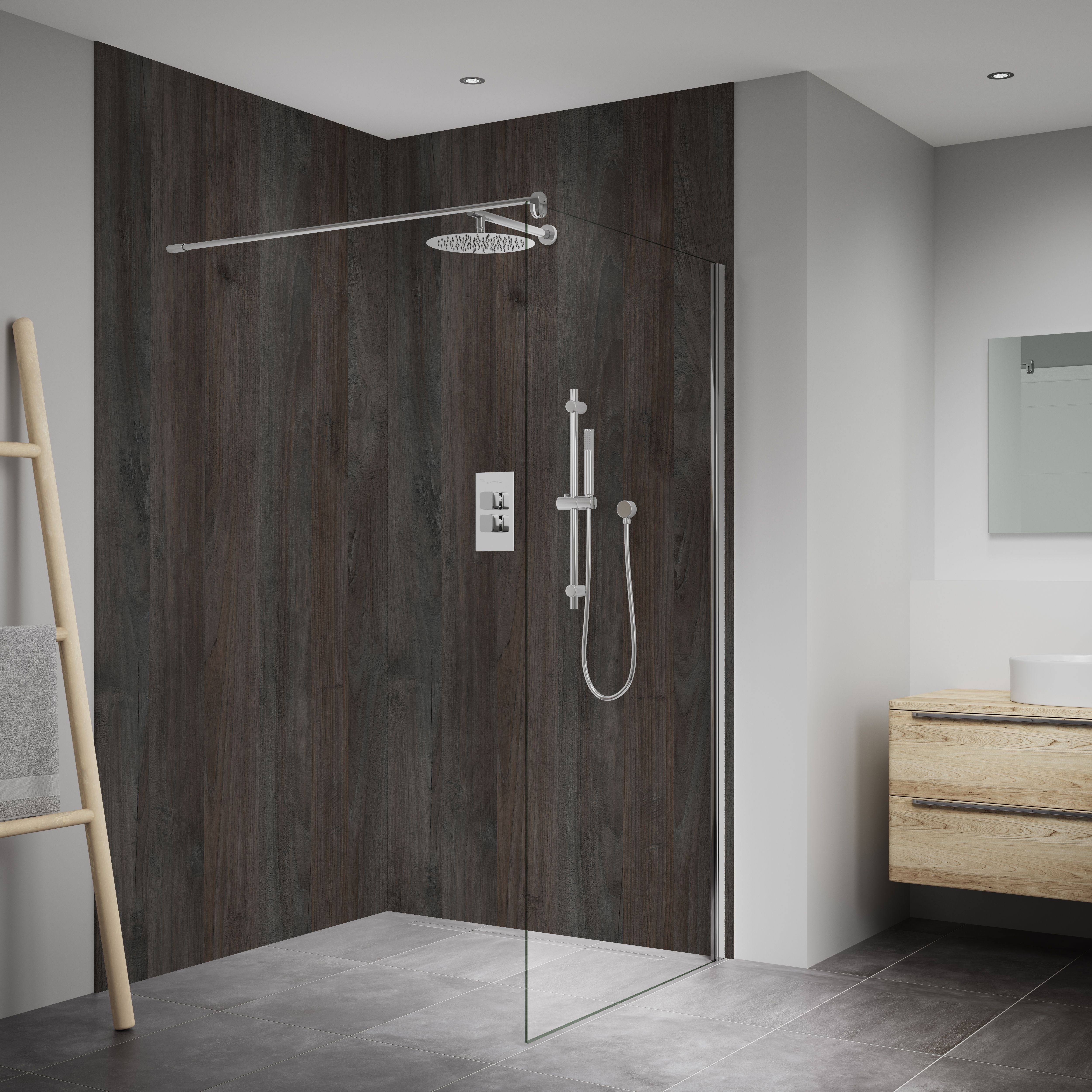 Splashwall Elite Matt Deep oak brown Post-formed 2 sided Shower Wall panel kit (L)2420mm (W)1200mm (T)11mm