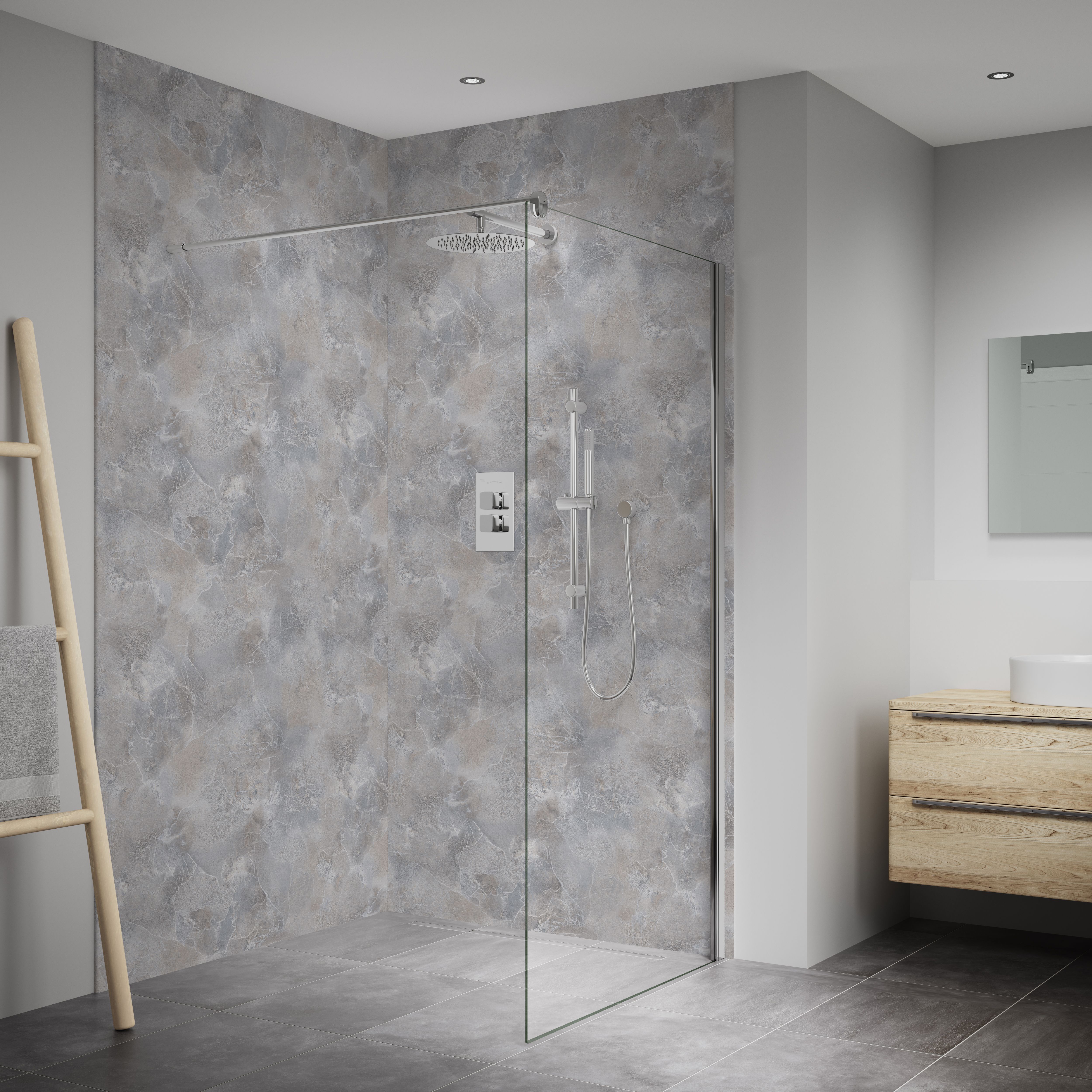 Splashwall Elite Matt Grey Silver effect Composite Tongue & groove Bathroom Panel (H)2420mm (W)1200mm