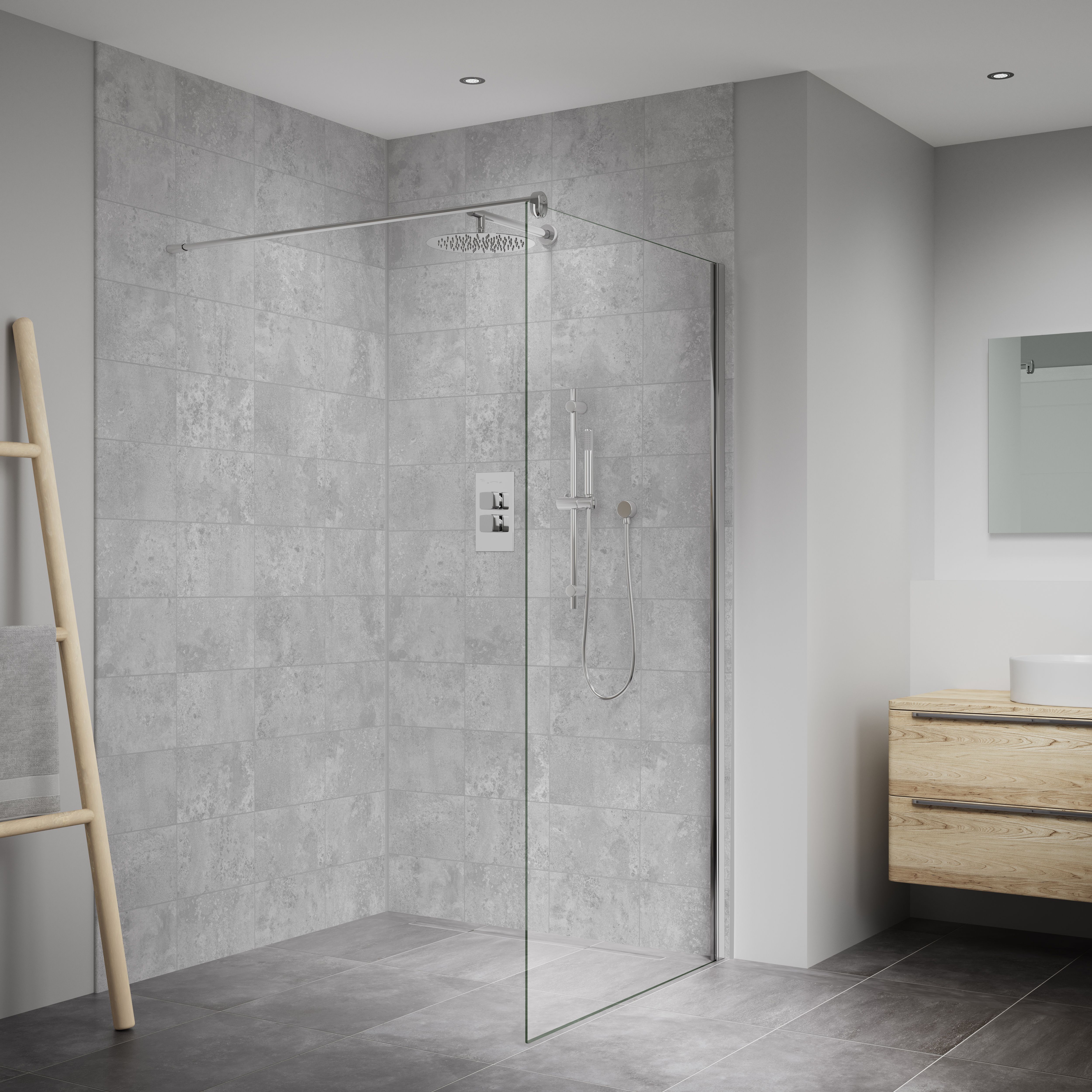 Splashwall Elite Matt Light grey Tile effect Post-formed 2 sided Shower ...