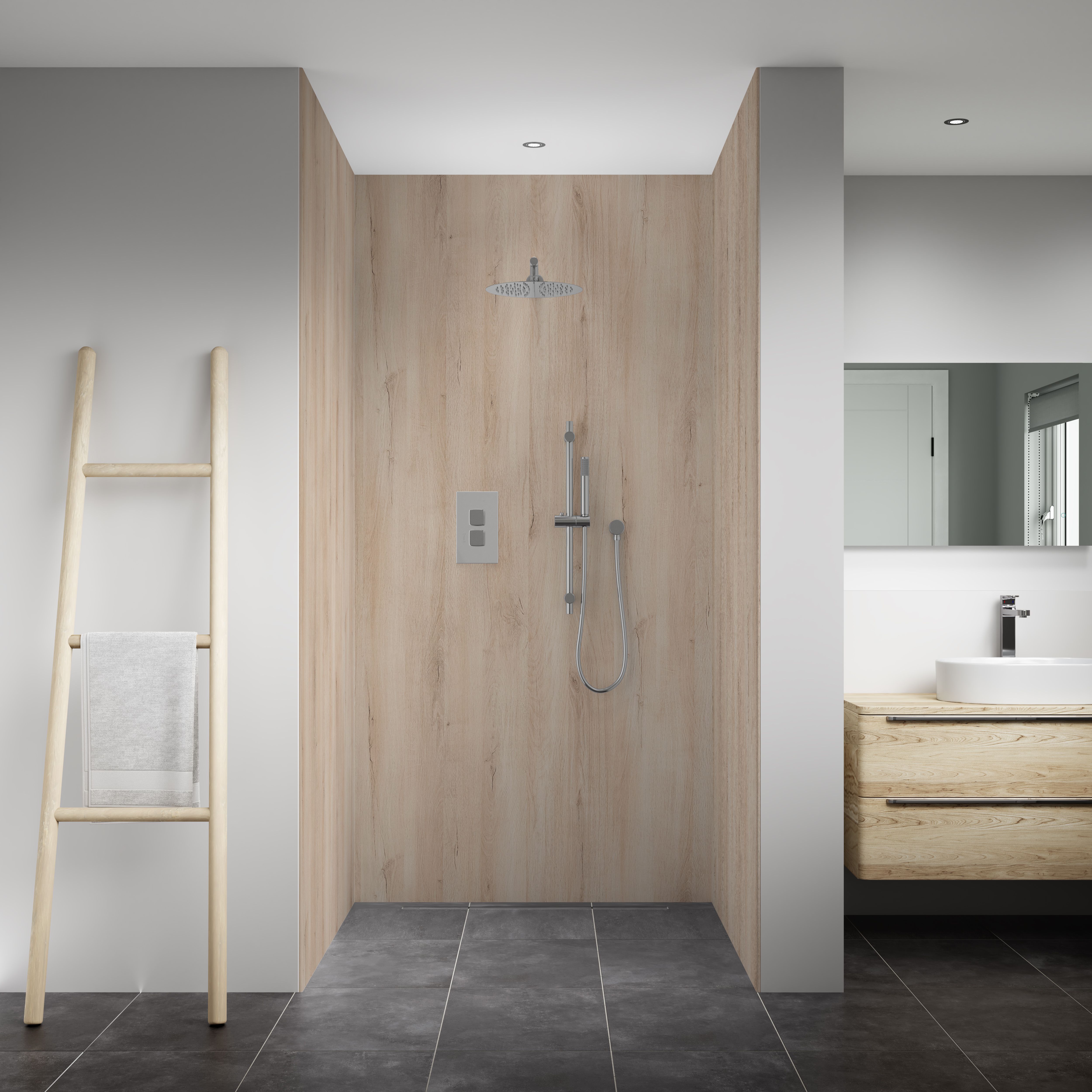 Splashwall Elite Matt Light oak brown 3 sided Shower Wall panel kit (L)2420mm (W)1200mm (T)11mm