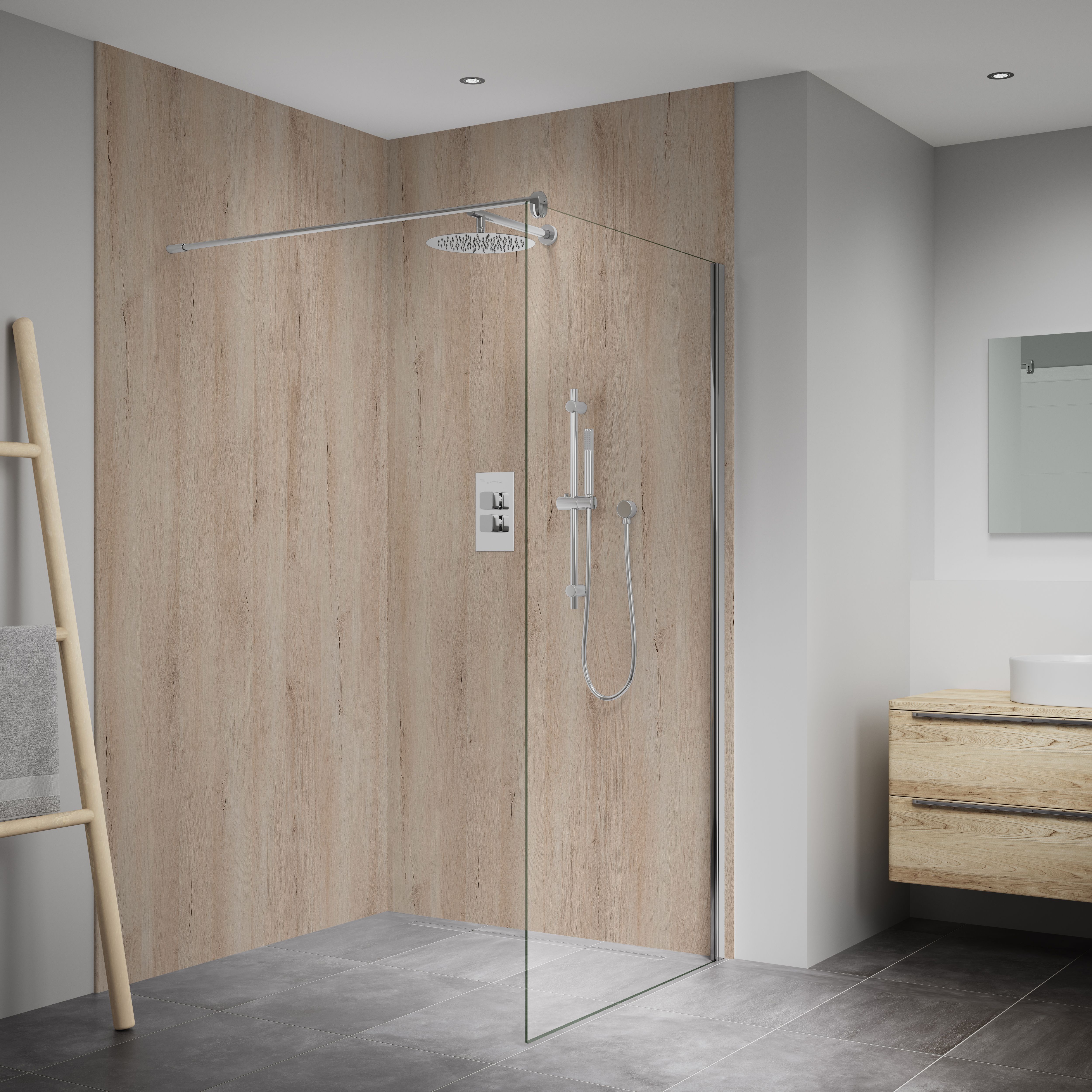 Splashwall Elite Matt Light oak brown Post-formed 2 sided Shower Wall panel kit (L)2420mm (W)1200mm (T)11mm