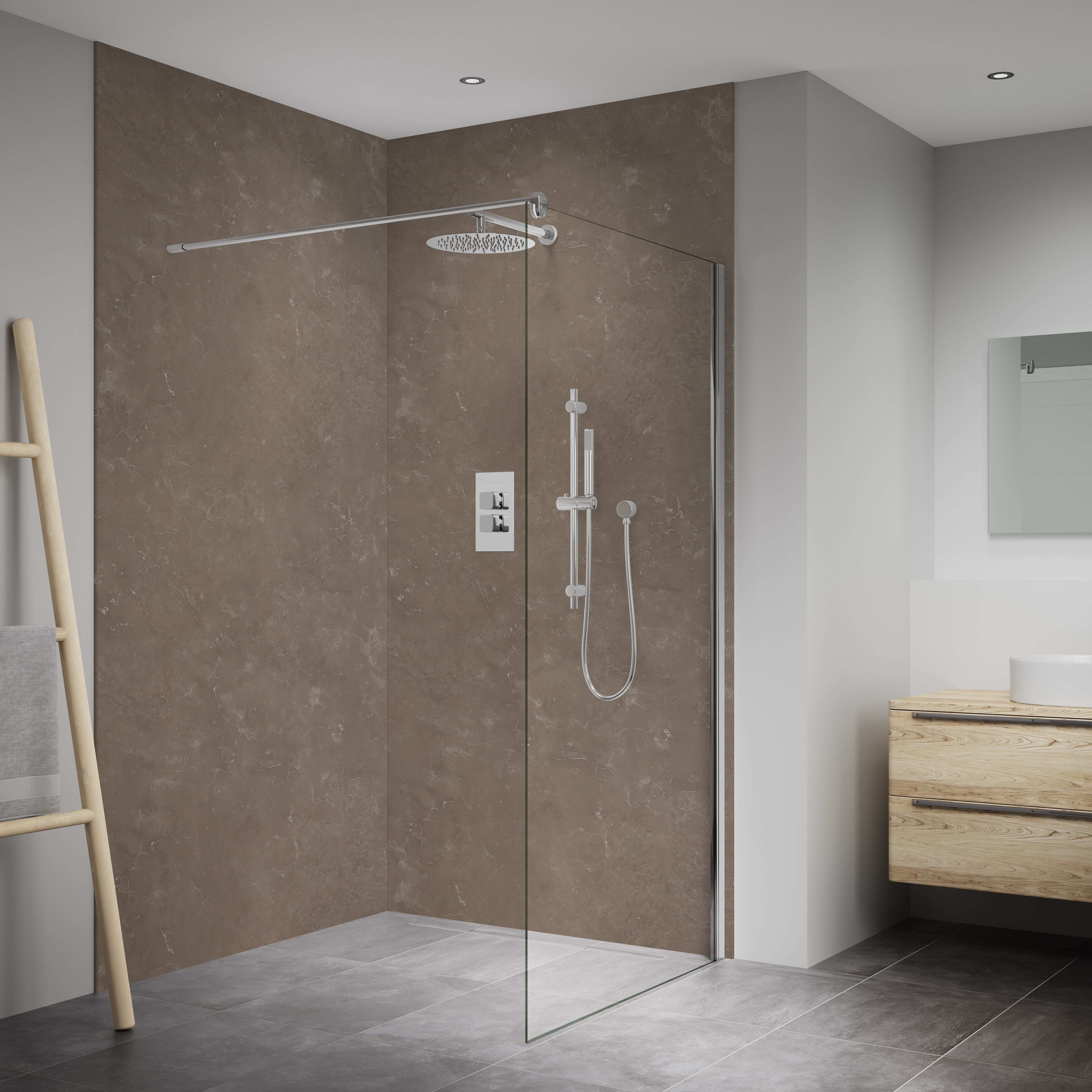 Splashwall Elite Matt Mocha Marble Effect Post-formed 2 Sided Shower ...