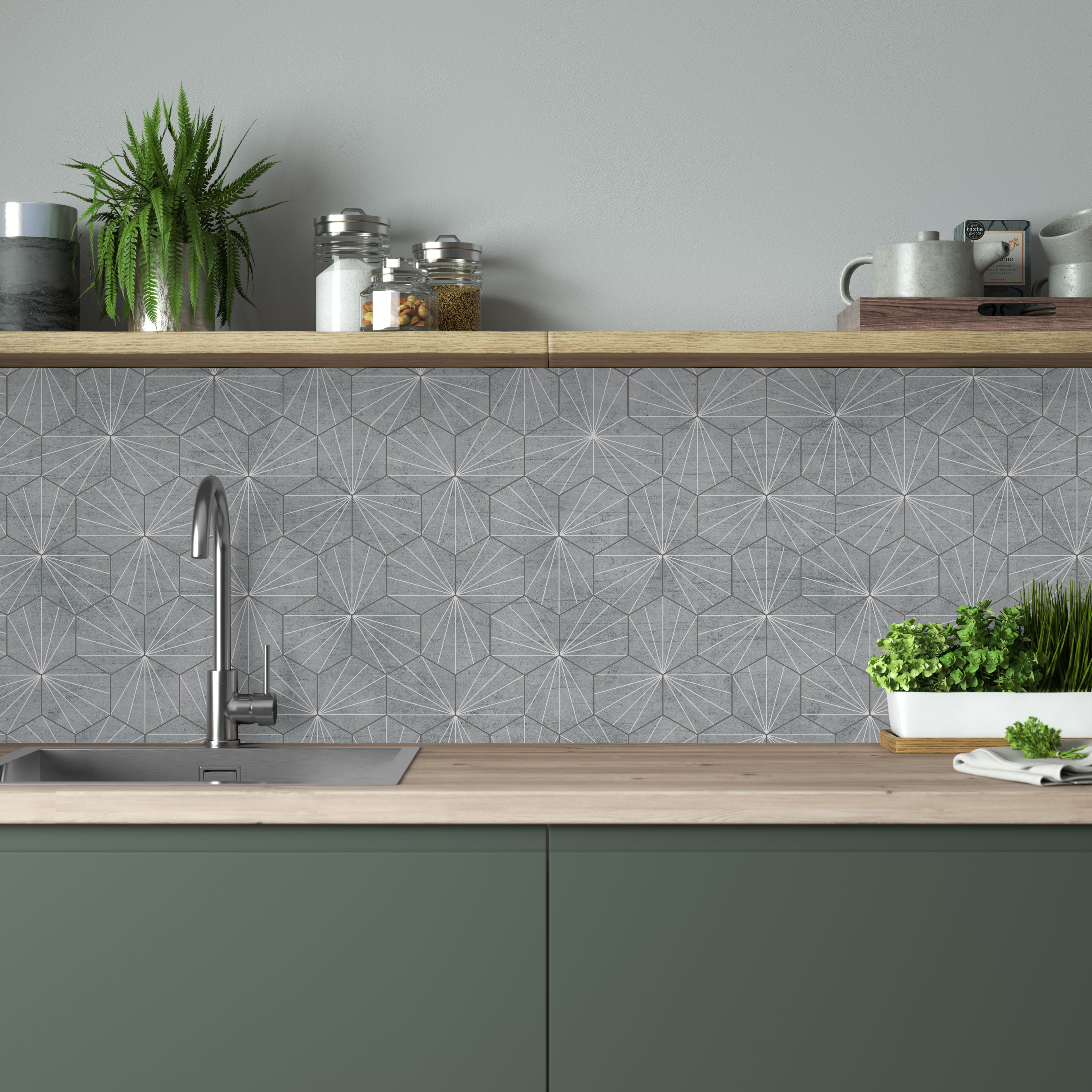 Splashwall Grey Tile Hexagonal MDF Splashback, (H)1220mm (W)2440mm (T)10mm