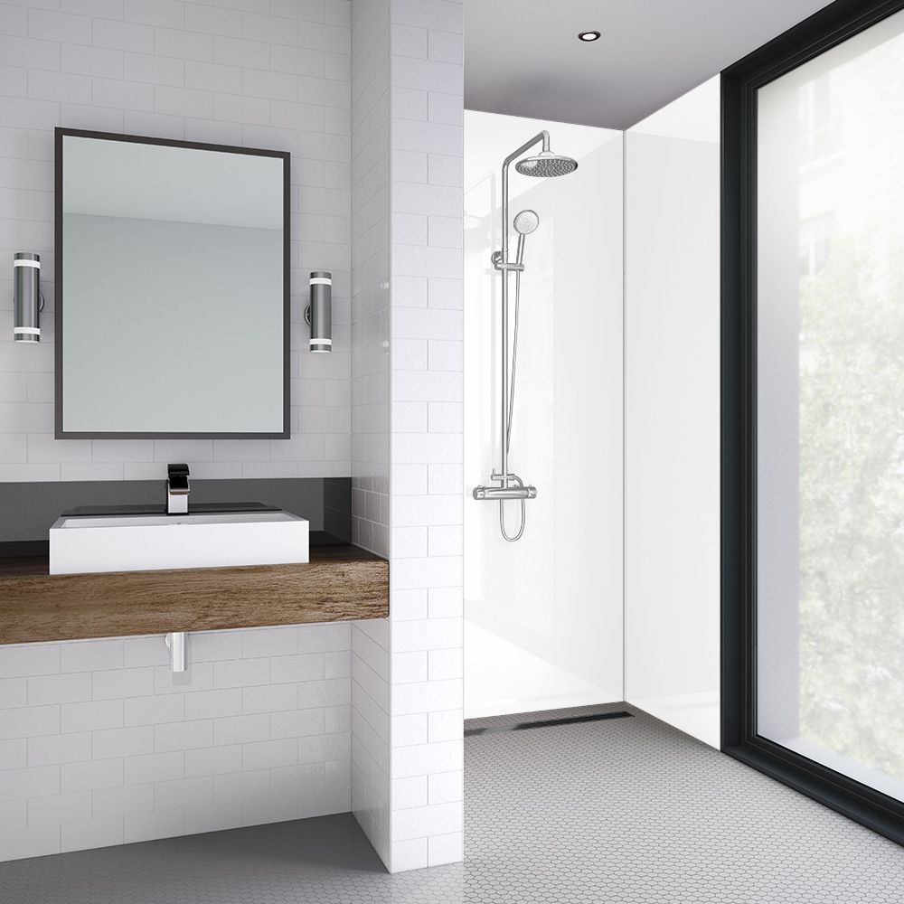 Splashwall Impressions Gloss White gloss Clean cut 2 sided Shower Panel kit (L)2420mm (W)1200mm (T)11mm