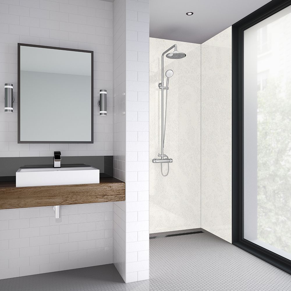 Splashwall Impressions Gloss White reflex Clean cut 3 sided Shower Panel kit (L)2420mm (W)1200mm (T)11mm